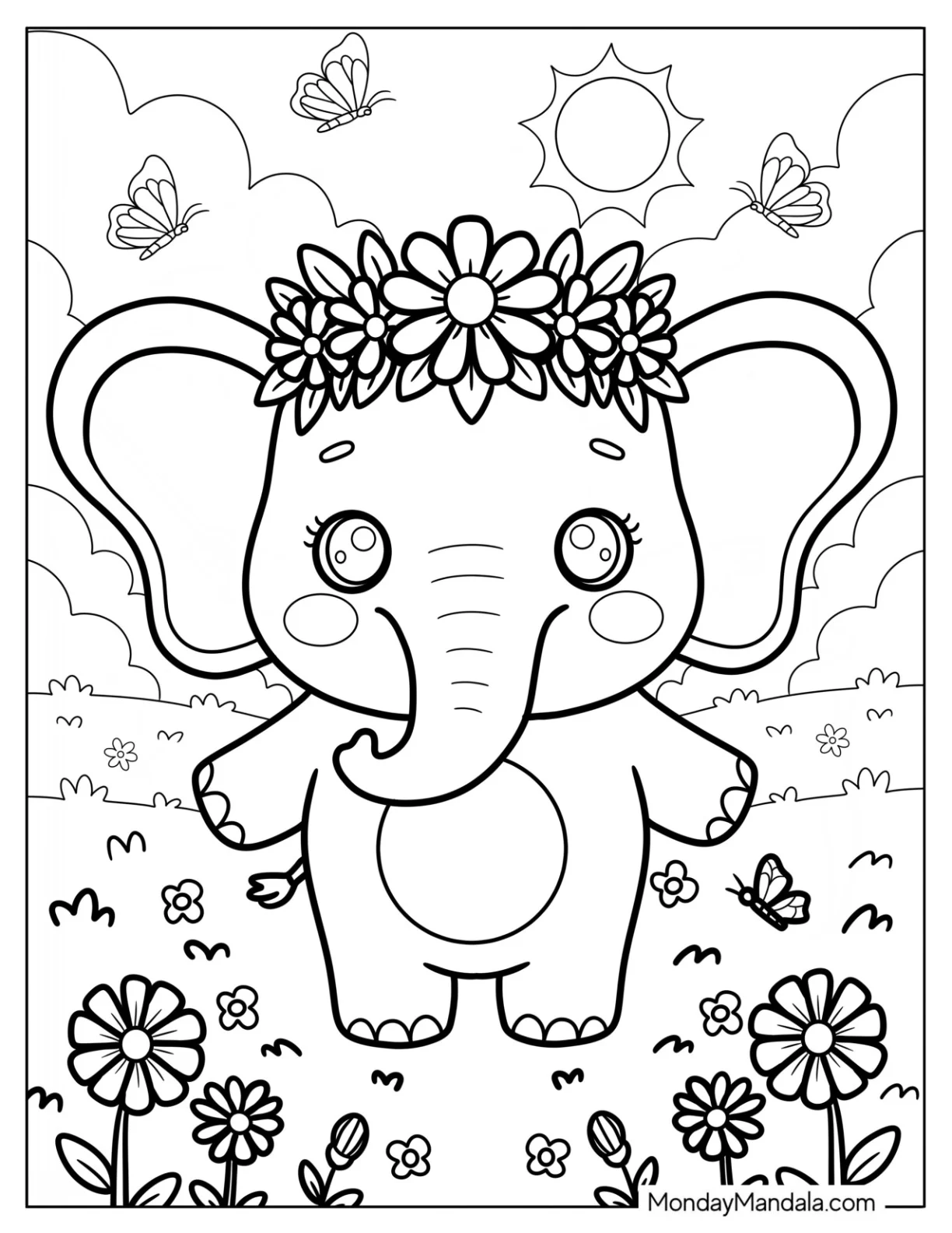 Gentle Baby Elephant Coloring Page with Big Eyes and Flower Crown in Nature coloring page — printable line art