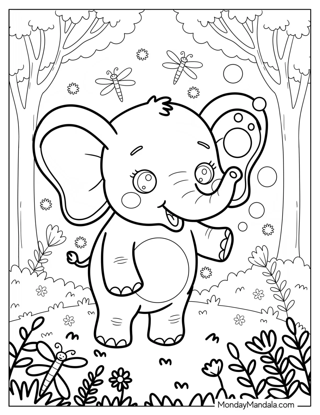 Happy Baby Elephant Coloring Page Surrounded by Bubbles in a Forest for Kids coloring page