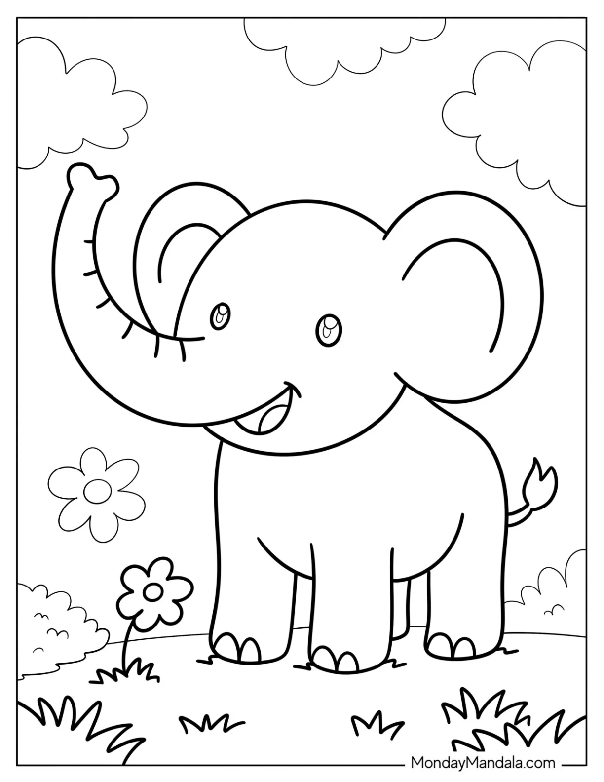 Happy Cartoon Elephant Coloring Page in a Flower Field for Kids coloring page