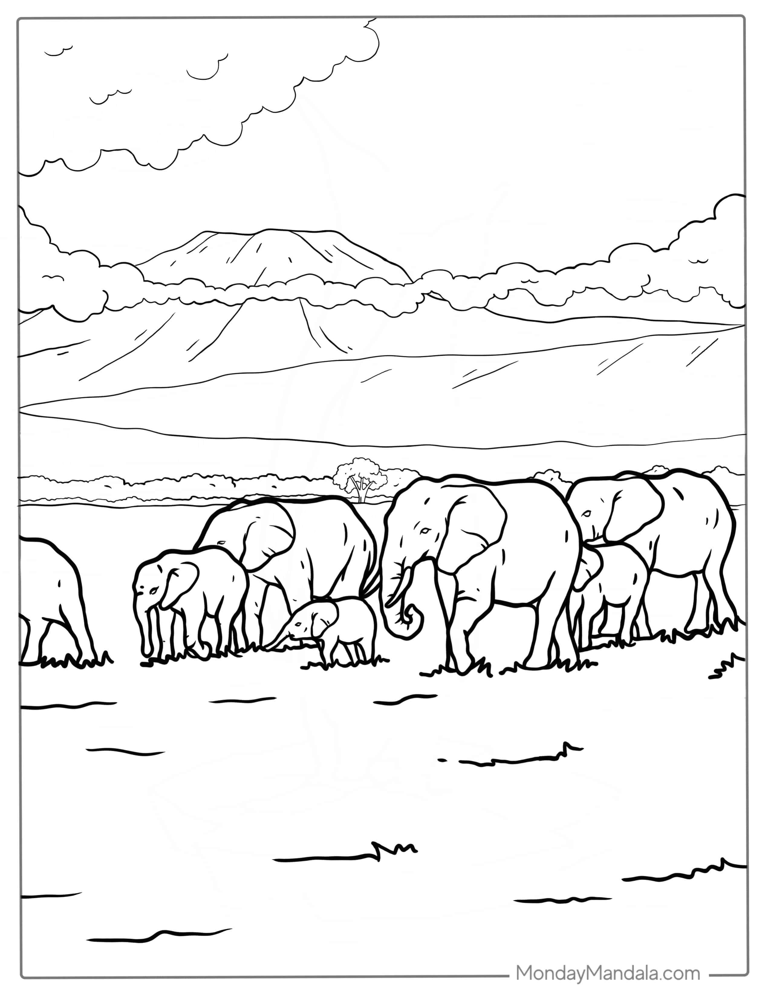 Herd Of Elephants Coloring Page For Kids coloring page