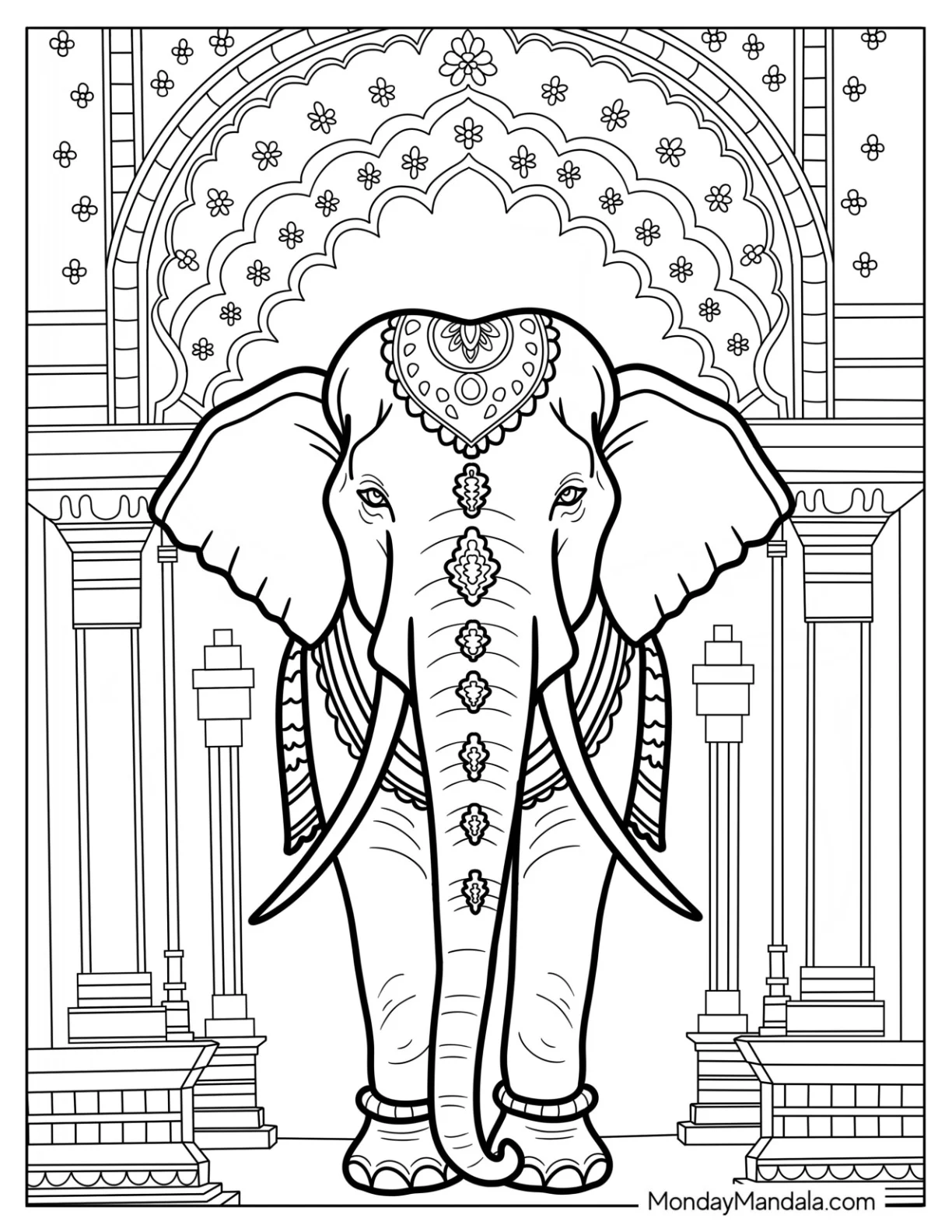 Majestic Elephant Coloring Page at Indian Palace Entrance coloring page — printable line art