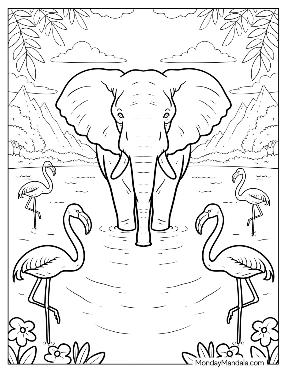 Majestic Elephant Coloring Page Standing in Water Surrounded by Flamingos coloring page — printable line art