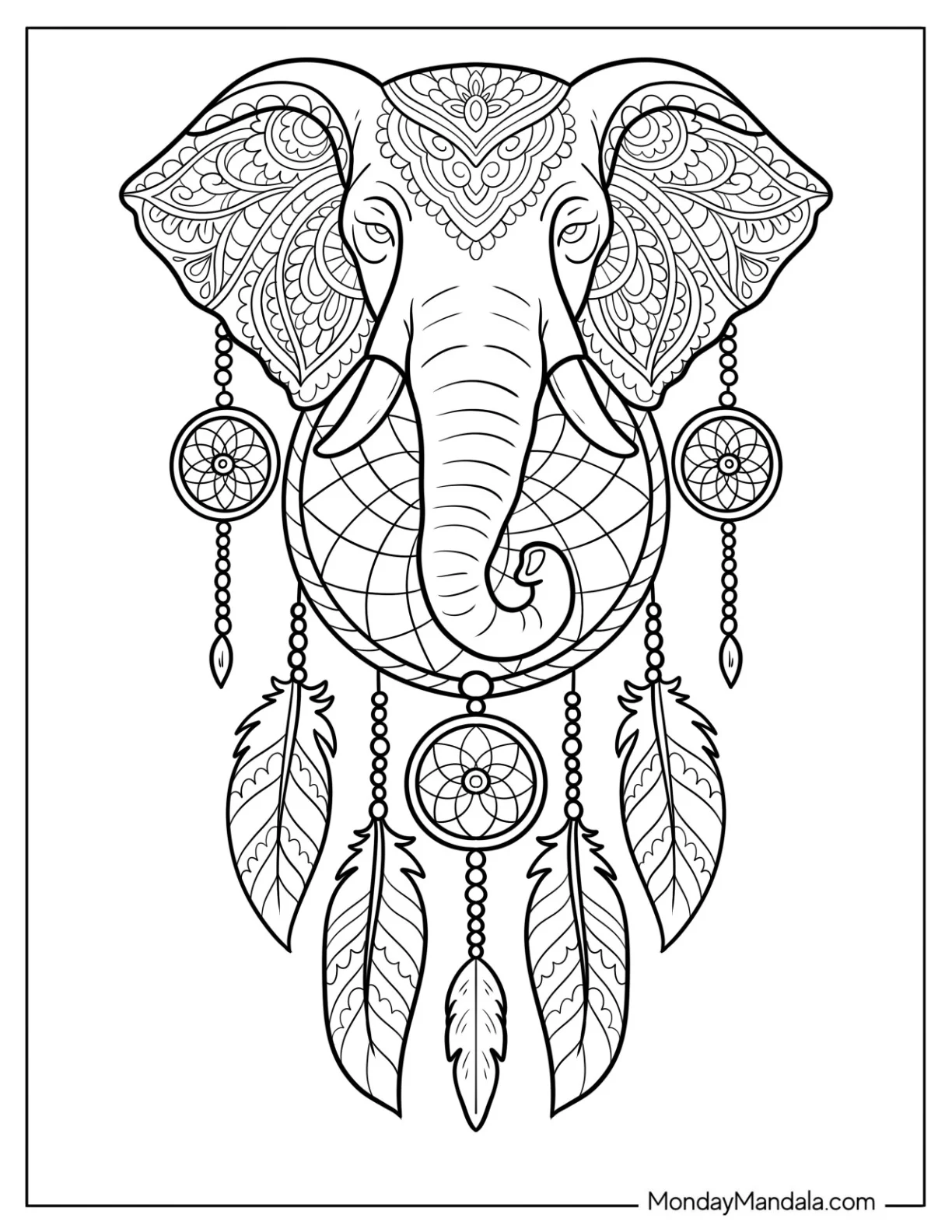 Ornate Elephant Coloring Page with Dreamcatcher and Feathers coloring page