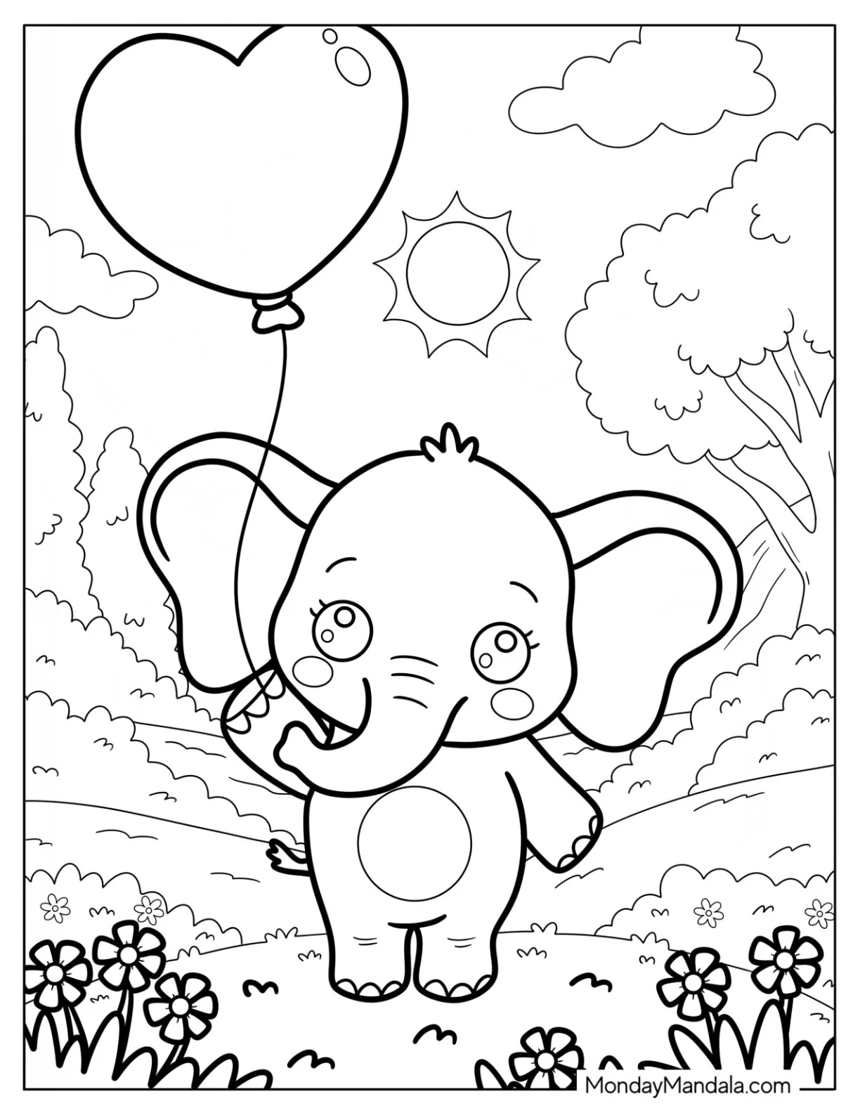 Smiling Baby Elephant Coloring Page Standing Among Flowers with Balloon for Kids coloring page — printable line art