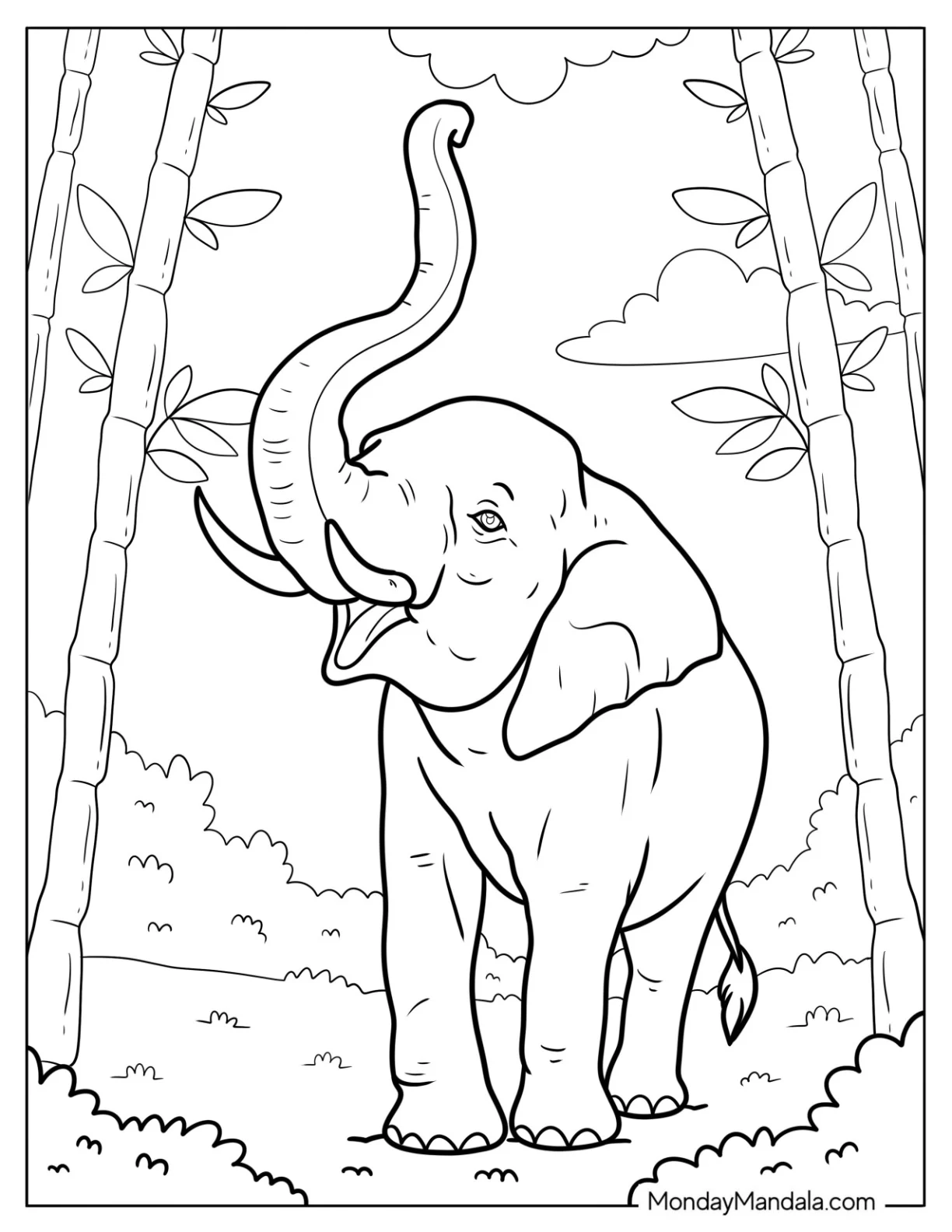 Smiling Elephant Coloring Page with Raised Trunk in Bamboo Forest coloring page — printable line art