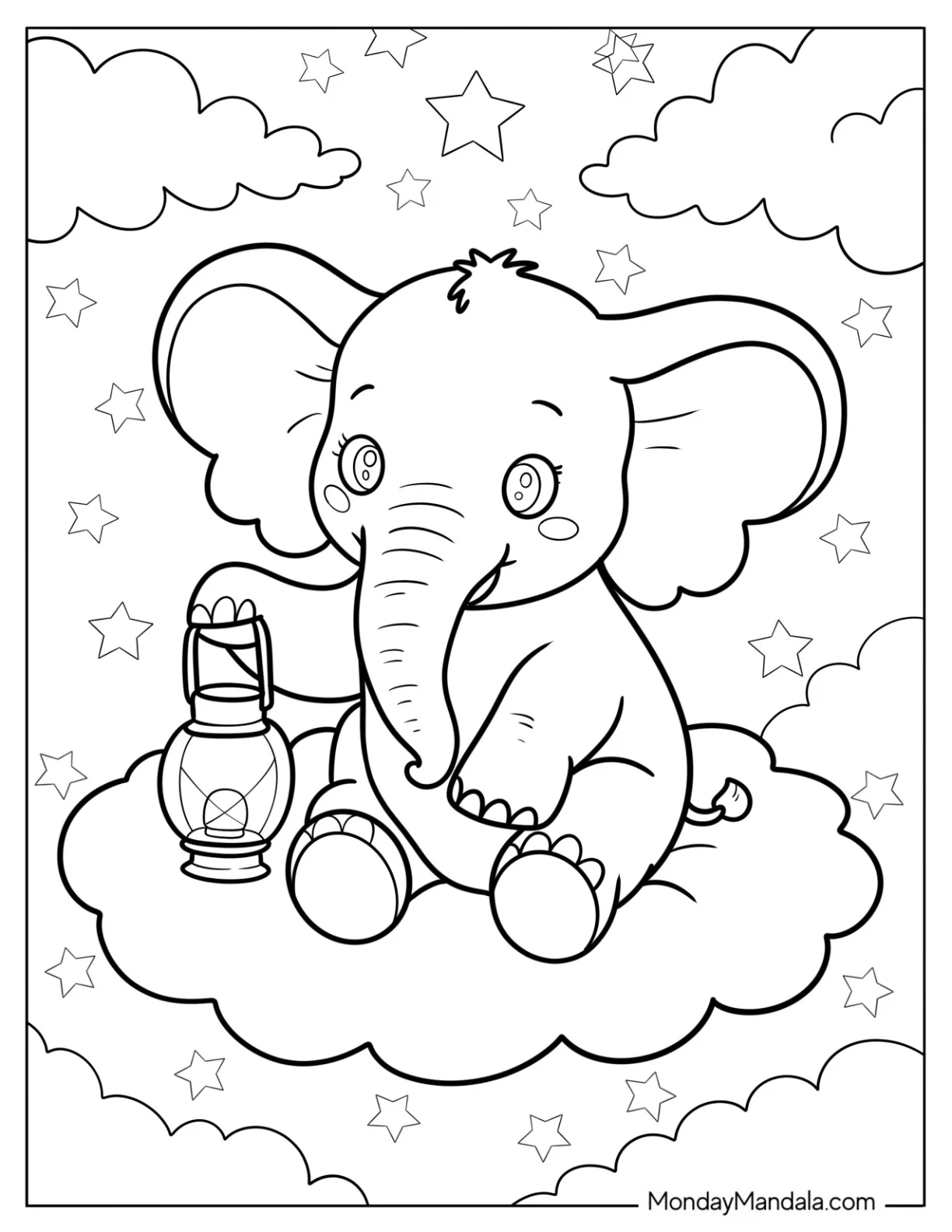 Sweet Baby Elephant Coloring Page Sitting on a Fluffy Cloud in the Starry Night for Preschoolers coloring page
