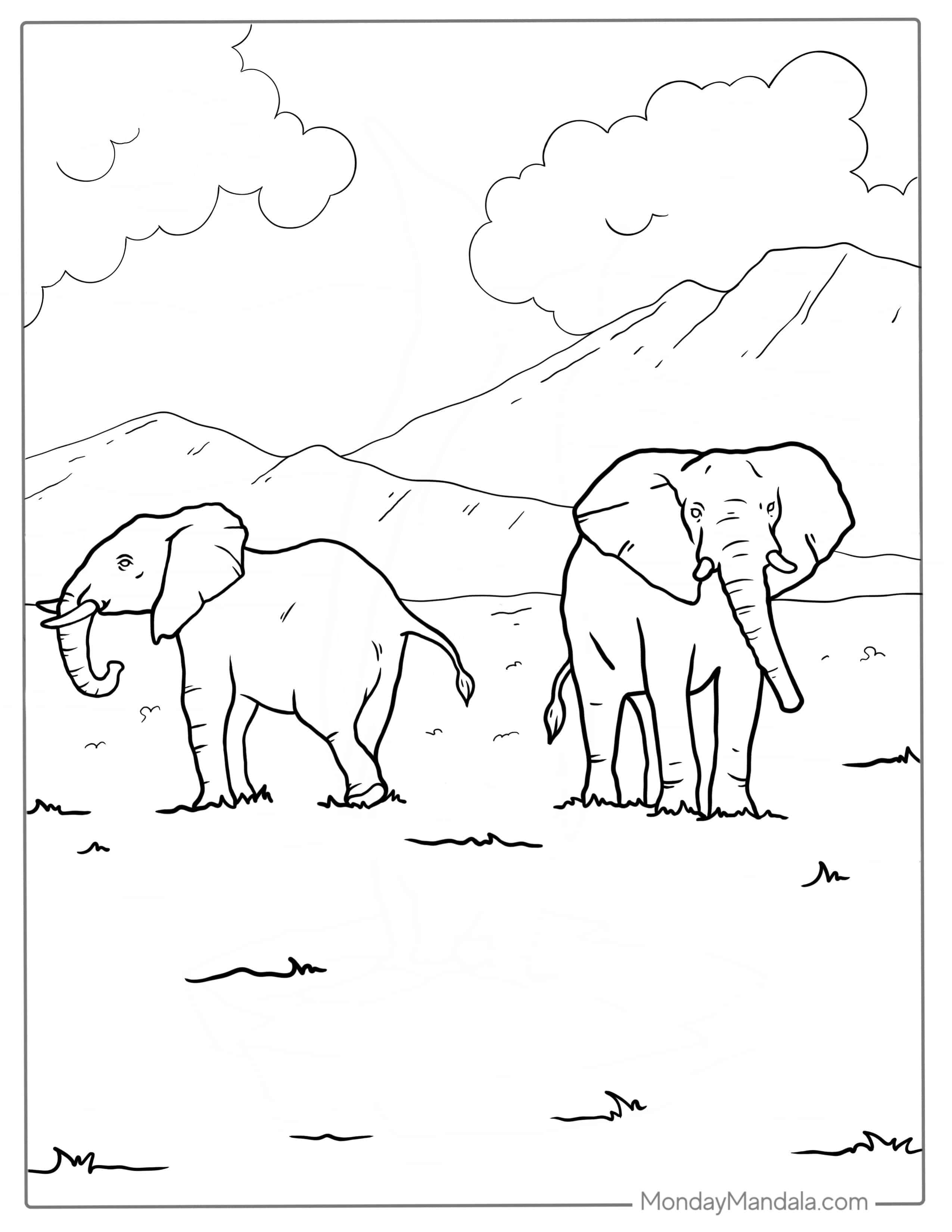Two Elephants Walking In The Wild Coloring coloring page