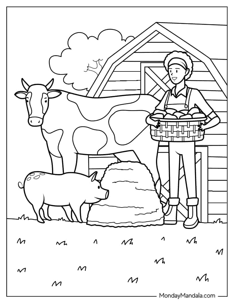 Coloring Page Of Farmer With Pig And Cow coloring page