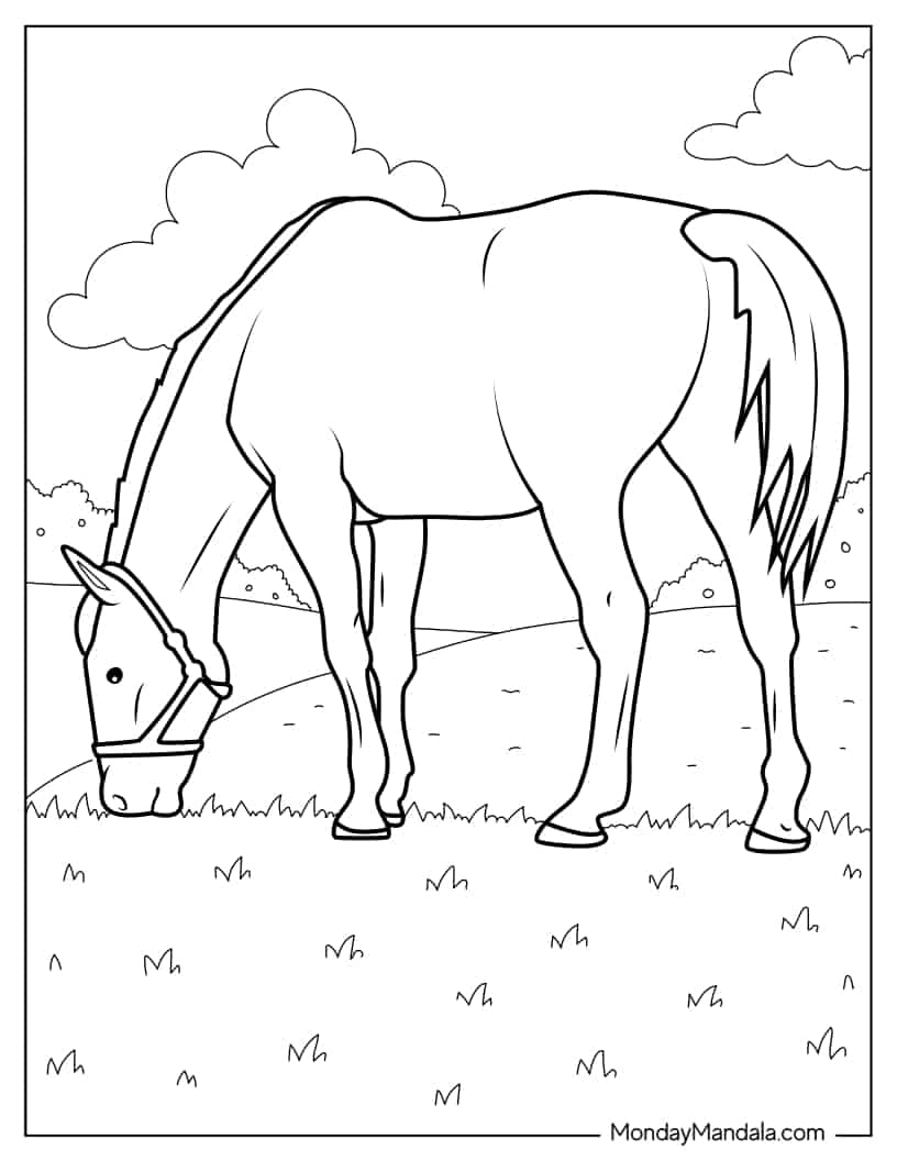 Coloring Page Of Horse Grazing On a Farm coloring page