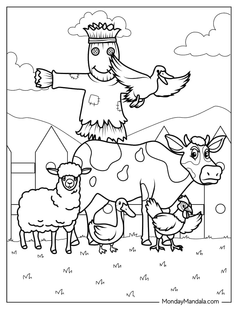 Common Farm Animals With Scarescrow coloring page
