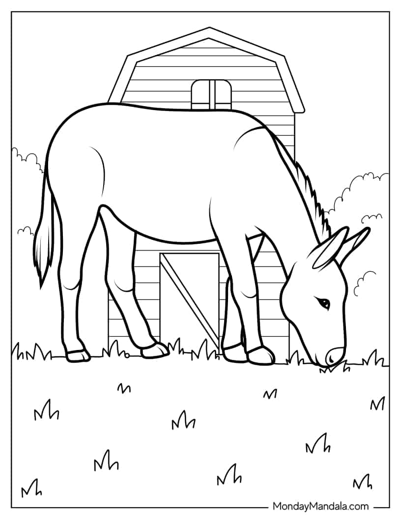 Cute Donkey With Farm Barn To Color coloring page — printable line art