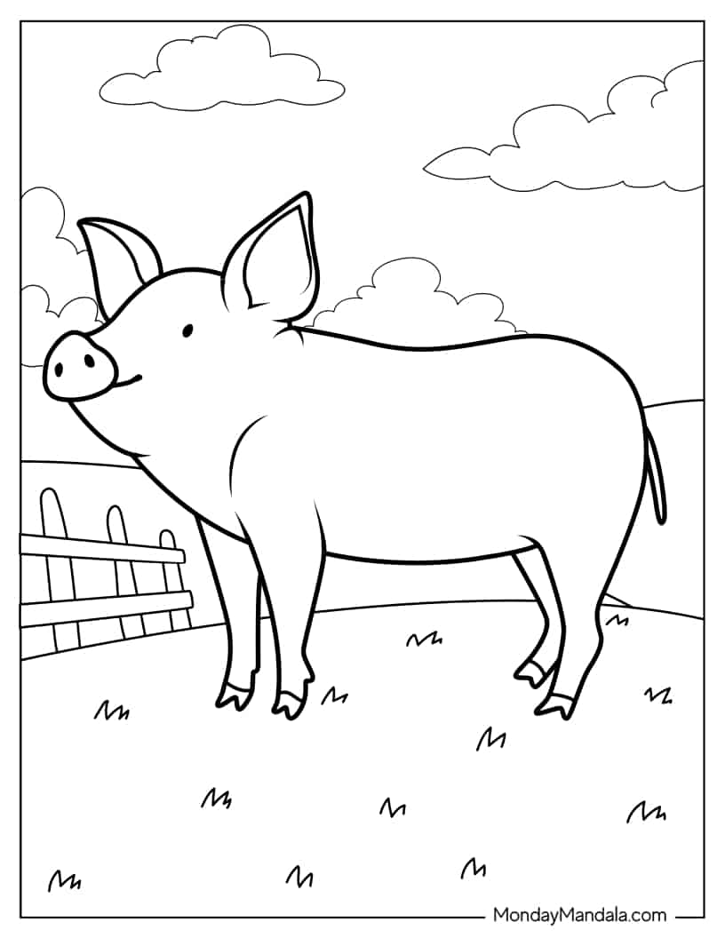 Easy Coloring Picture Of a Pig On a Farm coloring page — printable line art
