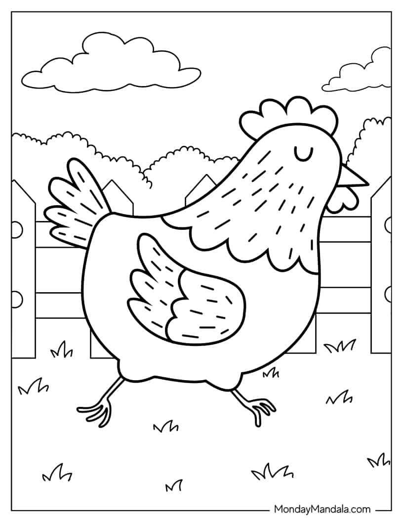 Egg Laying Chicken Walking Around Farm coloring page — printable line art