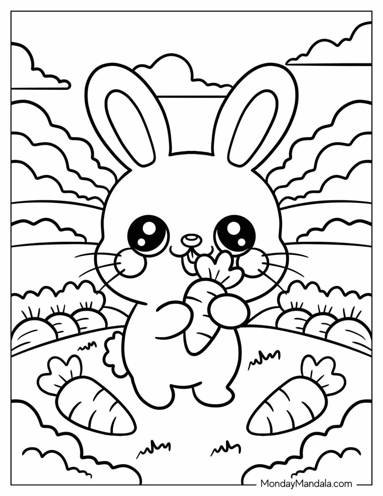 Farm Animal Coloring Page of Bunny Holding Carrot in Vegetable Patch for Preschoolers coloring page