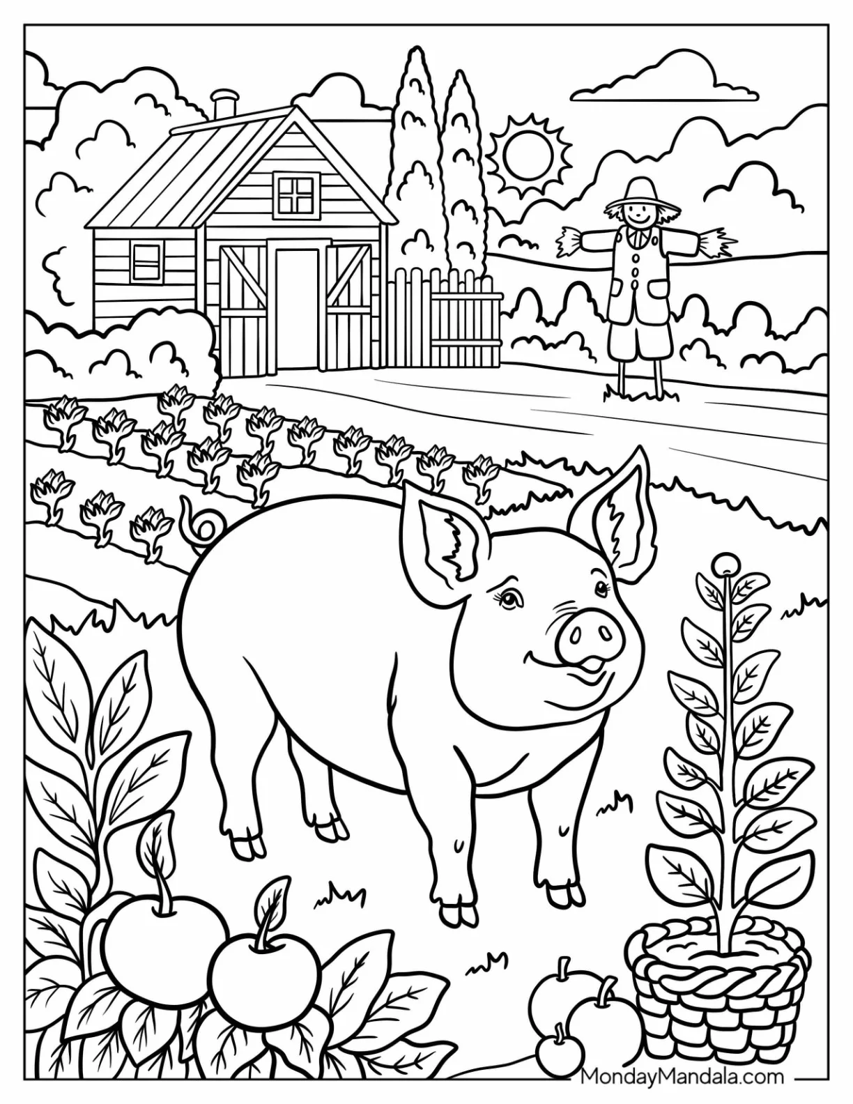 Farm Animal Coloring Page of Cheerful Pig in a Vegetable Garden with Scarecrow and Barn coloring page — printable line art
