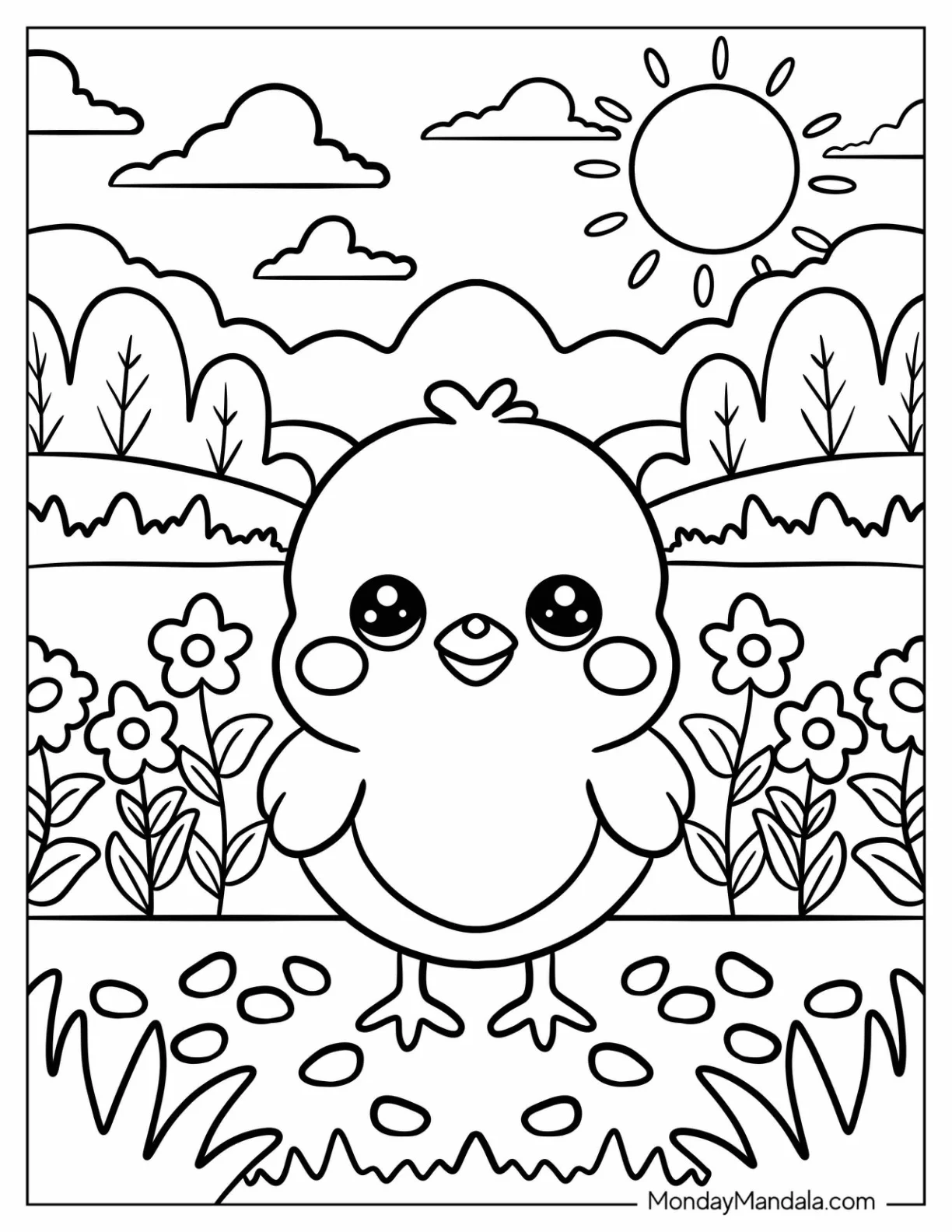 Farm Animal Coloring Page of Chick in Sunny Field of Flowers for Preschoolers coloring page