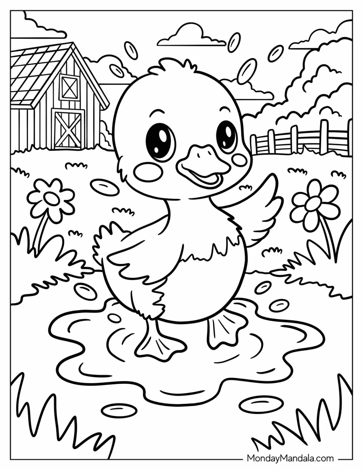 Farm Animal Coloring Page of Chick in Sunny Meadow with Barn and Flowers for Kids coloring page