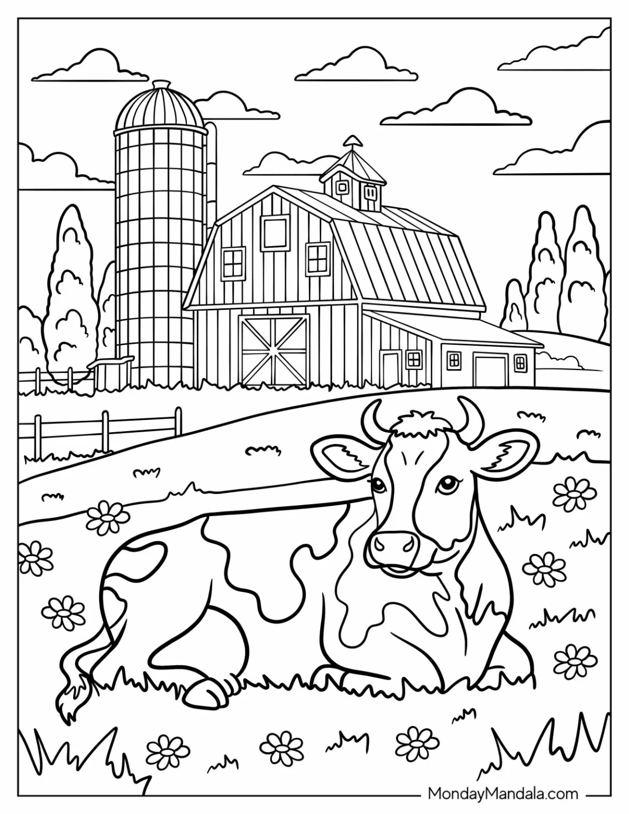 Farm Animal Coloring Page of Cow Relaxing in Meadow Beside Farm Fence and Silo coloring page