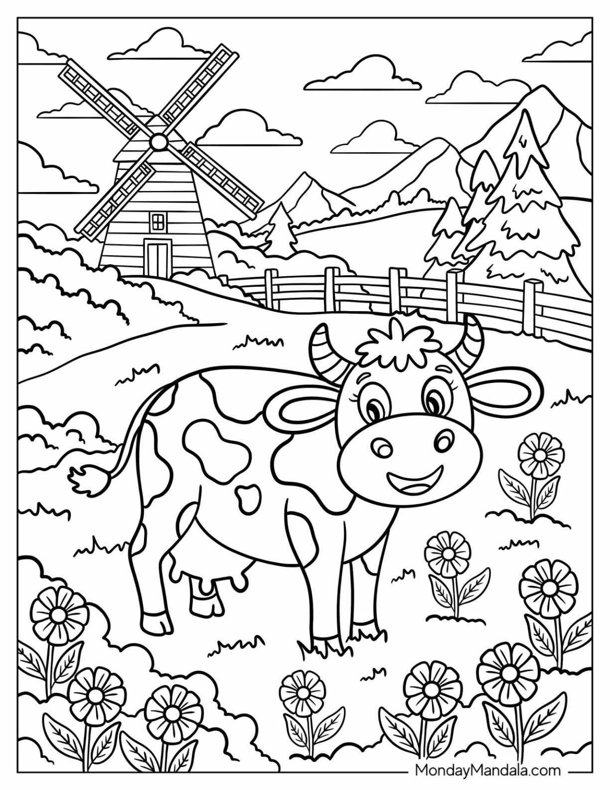 Farm Animal Coloring Page of Cow Standing Among Flowers with Fence and Windmill for Kids coloring page