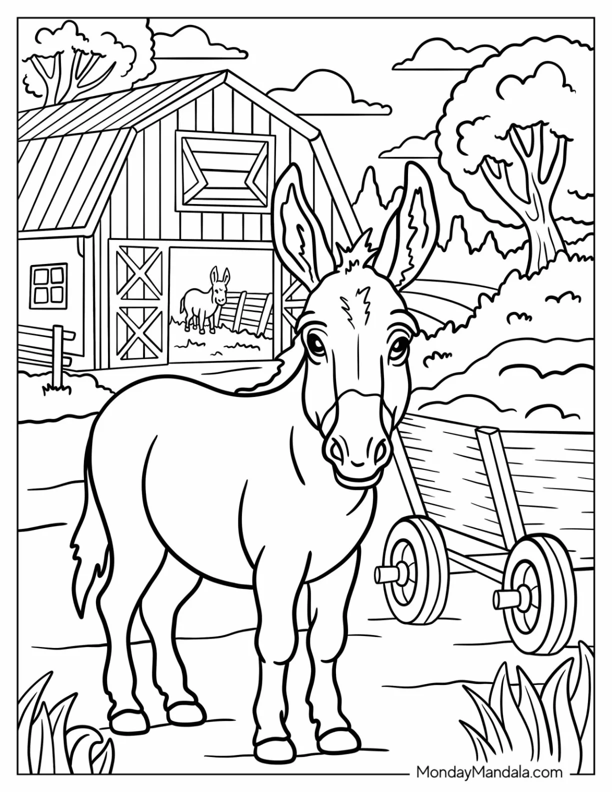 Farm Animal Coloring Page of Donkey Standing Near Barn and Wooden Cart for Kids coloring page