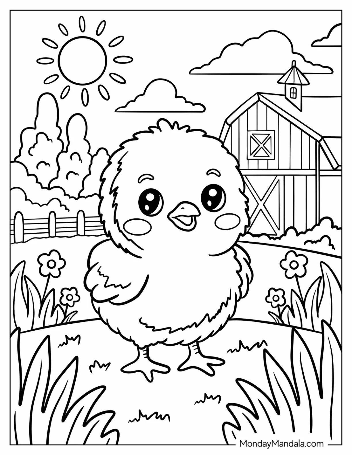 Farm Animal Coloring Page of Fluffy Baby Chick Standing in Barnyard Field for Kids coloring page — printable line art