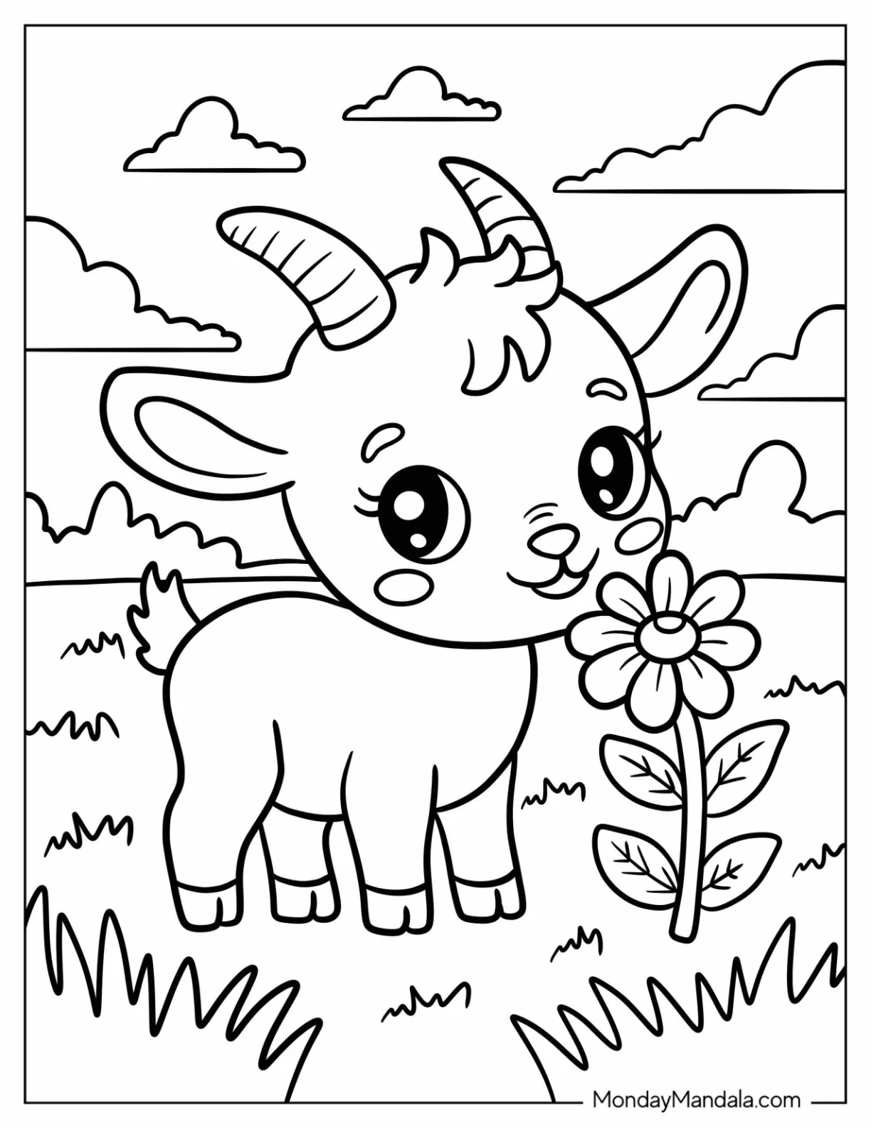Farm Animal Coloring Page of Goat Standing in Meadow Beside Flower for Preschoolers coloring page — printable line art