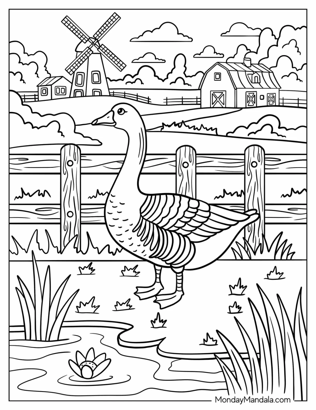 Farm Animal Coloring Page of Goose Standing in Marshy Grass Near Fenced Pasture coloring page — printable line art
