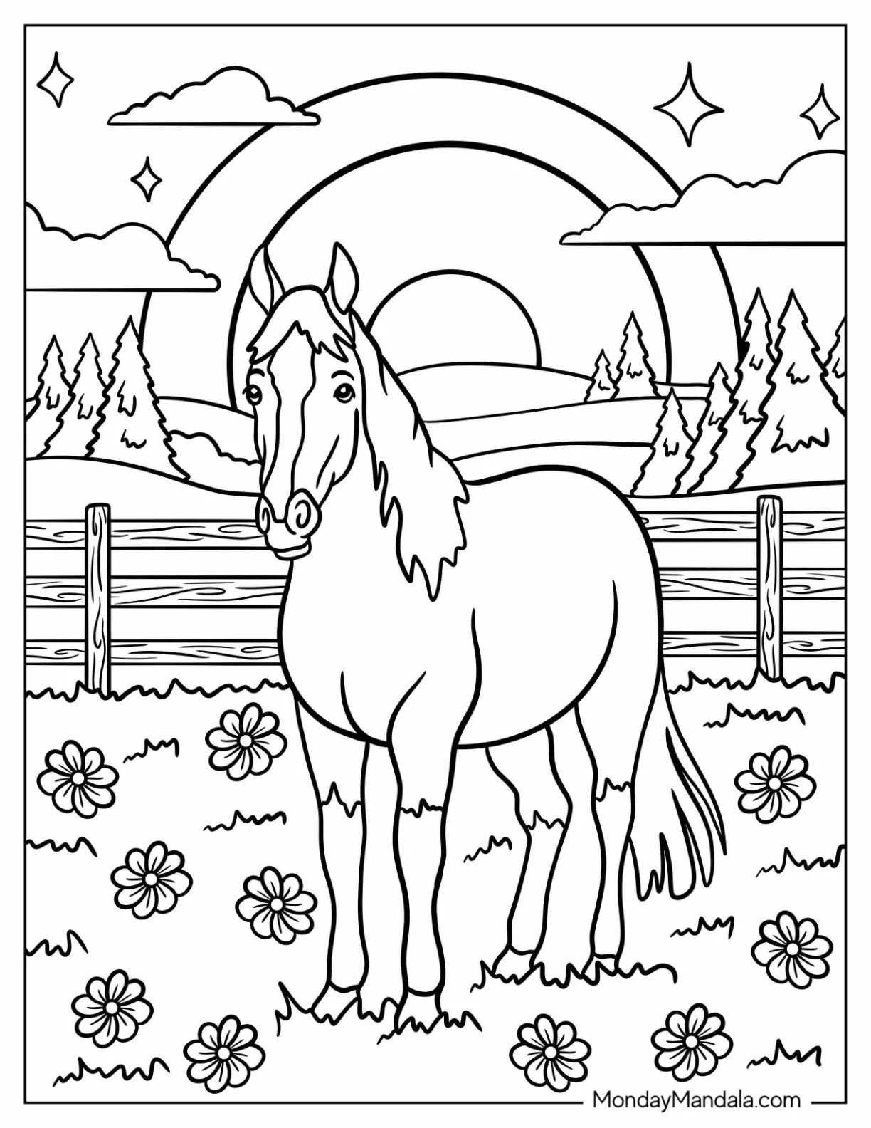 Farm Animal Coloring Page of Graceful Horse Standing in Fenced Meadow with Sunrise coloring page — printable line art