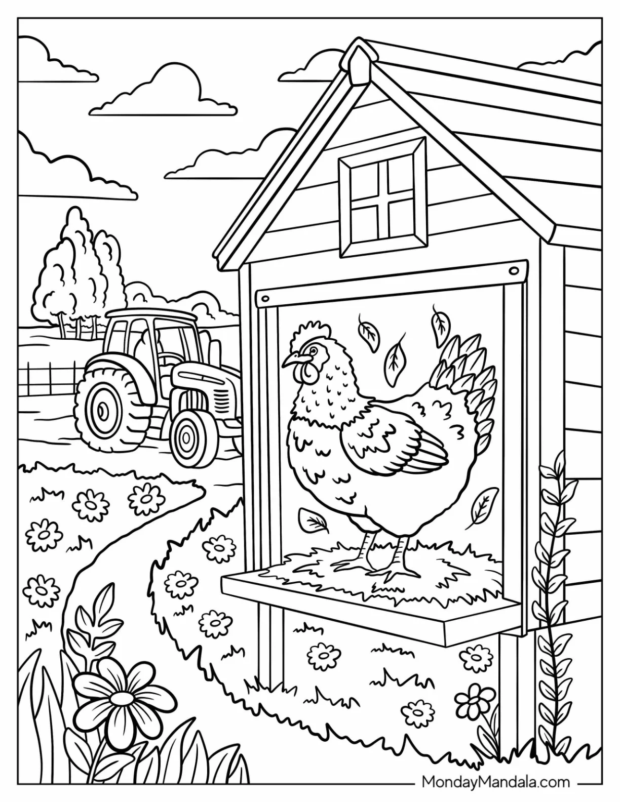 Farm Animal Coloring Page of Hen in Nesting Box Outside Chicken Coop coloring page — printable line art