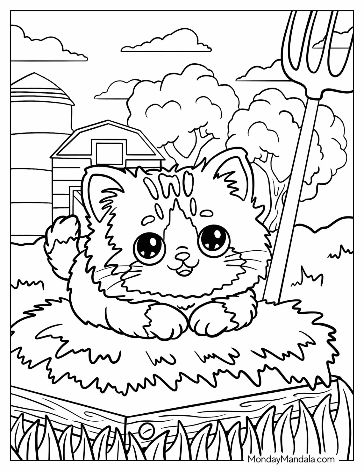 Farm Animal Coloring Page of Kitten Resting on Hay Bale Near Barn for Kids coloring page