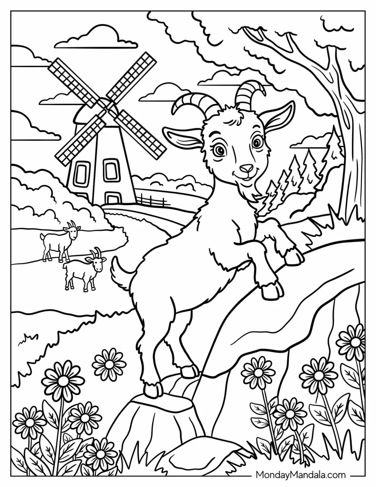 Farm Animal Coloring Page of Mountain Goat in Flower Field with Grazing Goats and River coloring page — printable line art