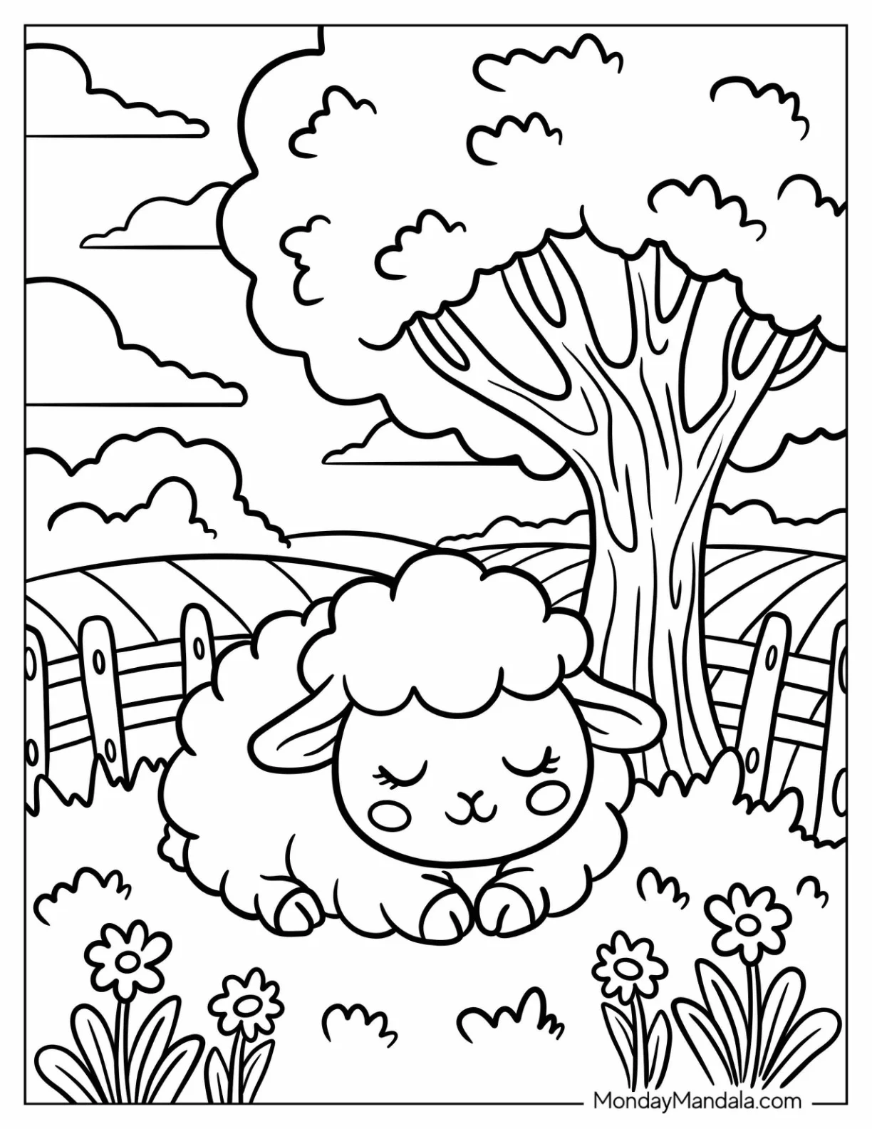 Farm Animal Coloring Page of Peaceful Lamb Resting in Pasture with Fence and Rolling Hills for Preschoolers coloring page — printable line art