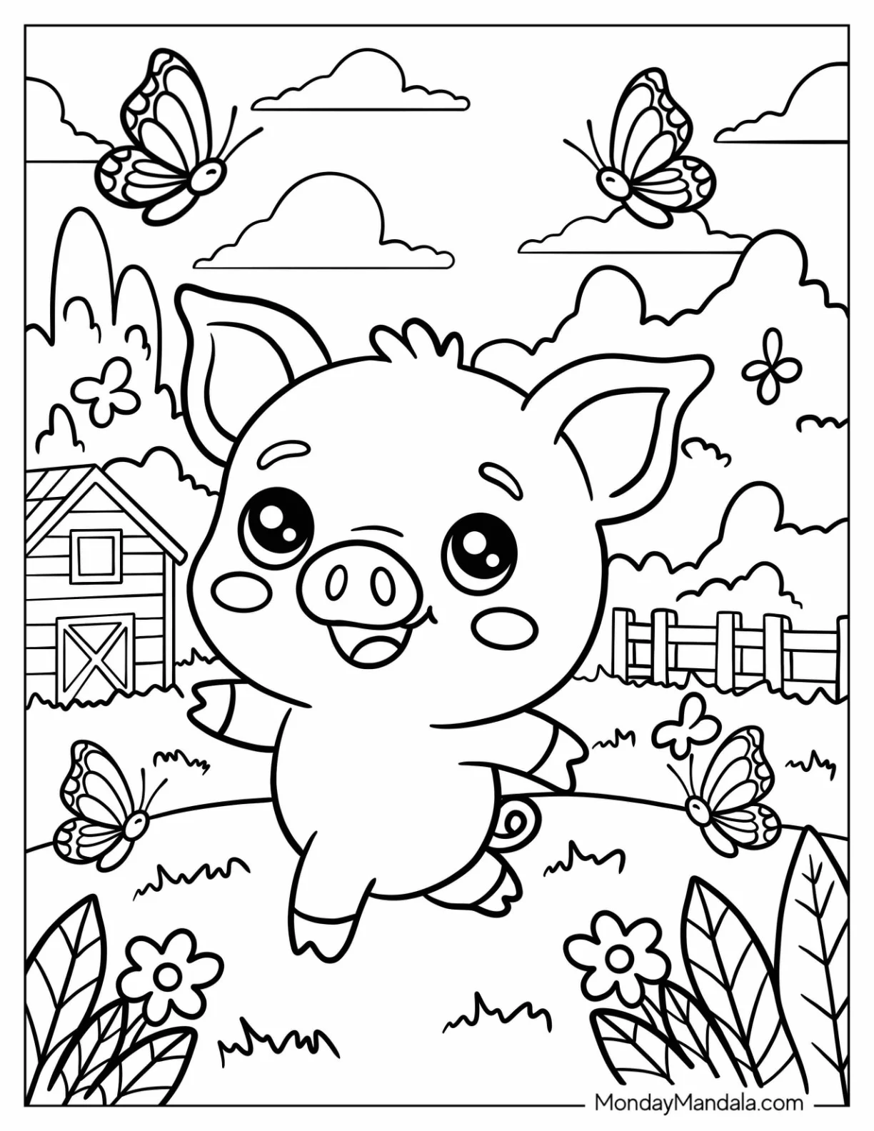 Farm Animal Coloring Page of Playful Pig on Country Farm with Butterflies and Fenced Pasture for Kids coloring page — printable line art