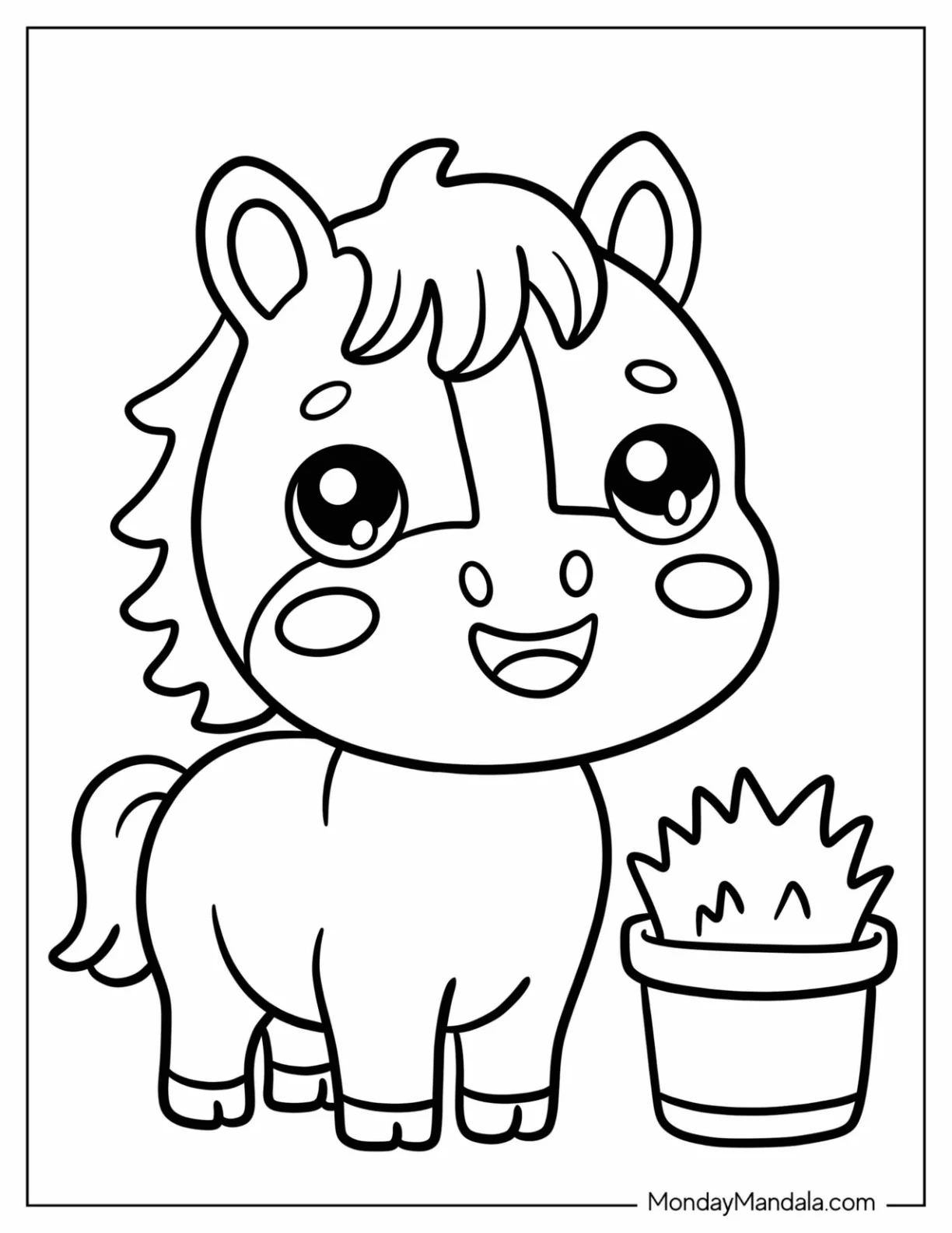 Farm Animal Coloring Page of Pony Standing Next to Bucket of Hay coloring page — printable line art