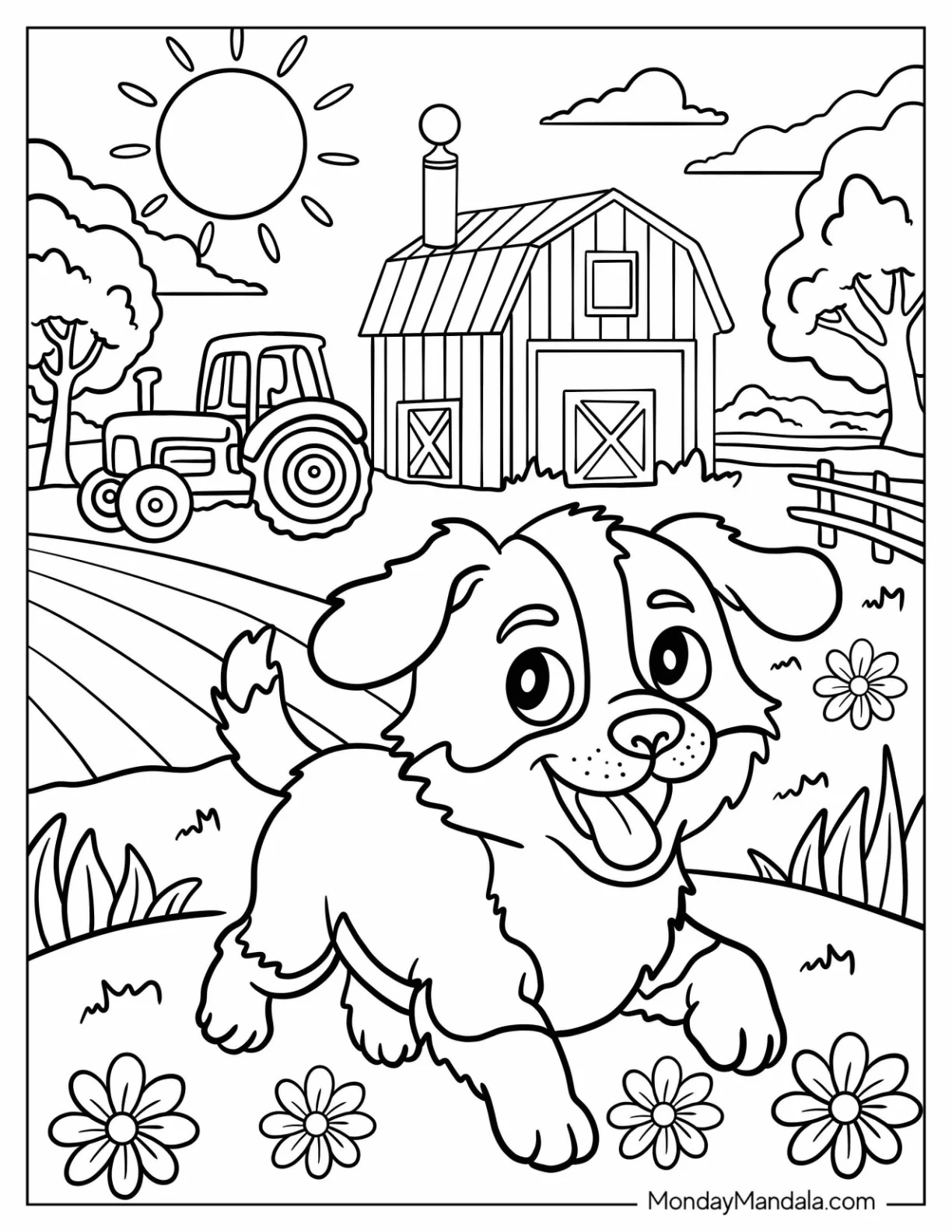 Farm Animal Coloring Page of Puppy Running in a Farm with Tractor and Barn in the Background for Kids coloring page — printable line art