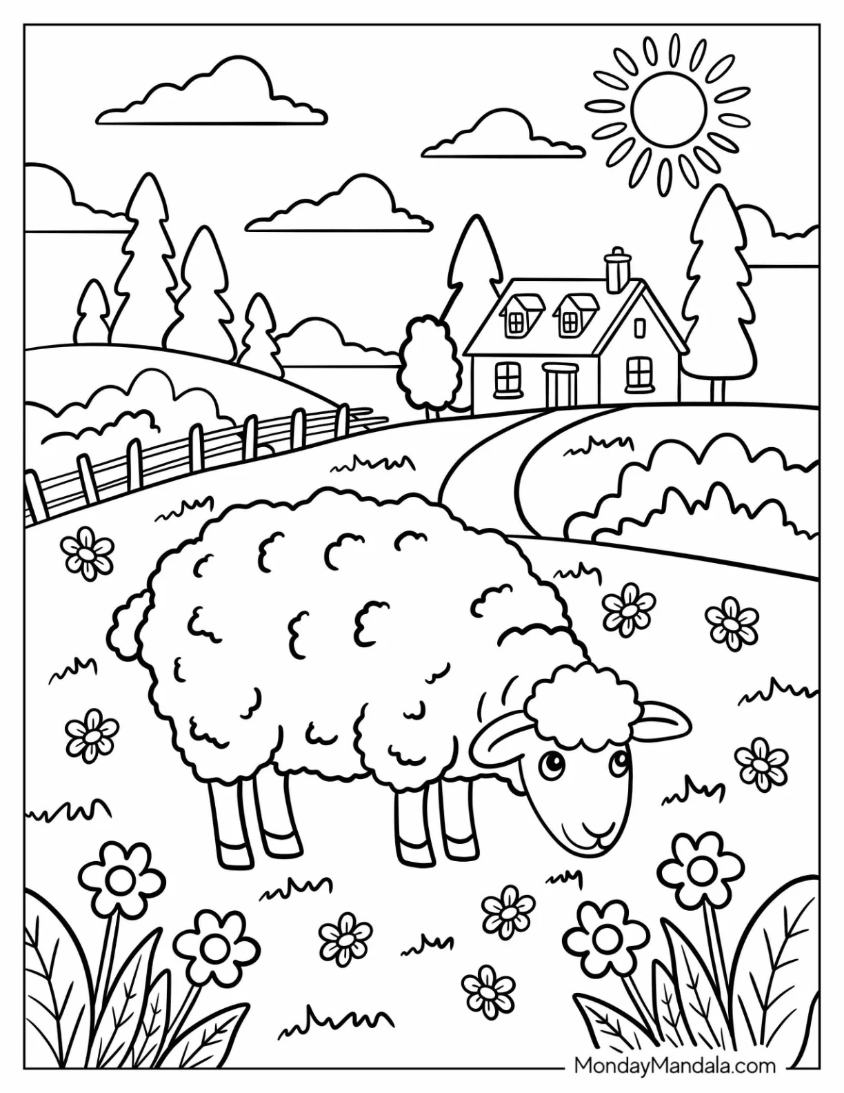 Farm Animal Coloring Page of Sheep Grazing in Flower Field with Country House coloring page — printable line art