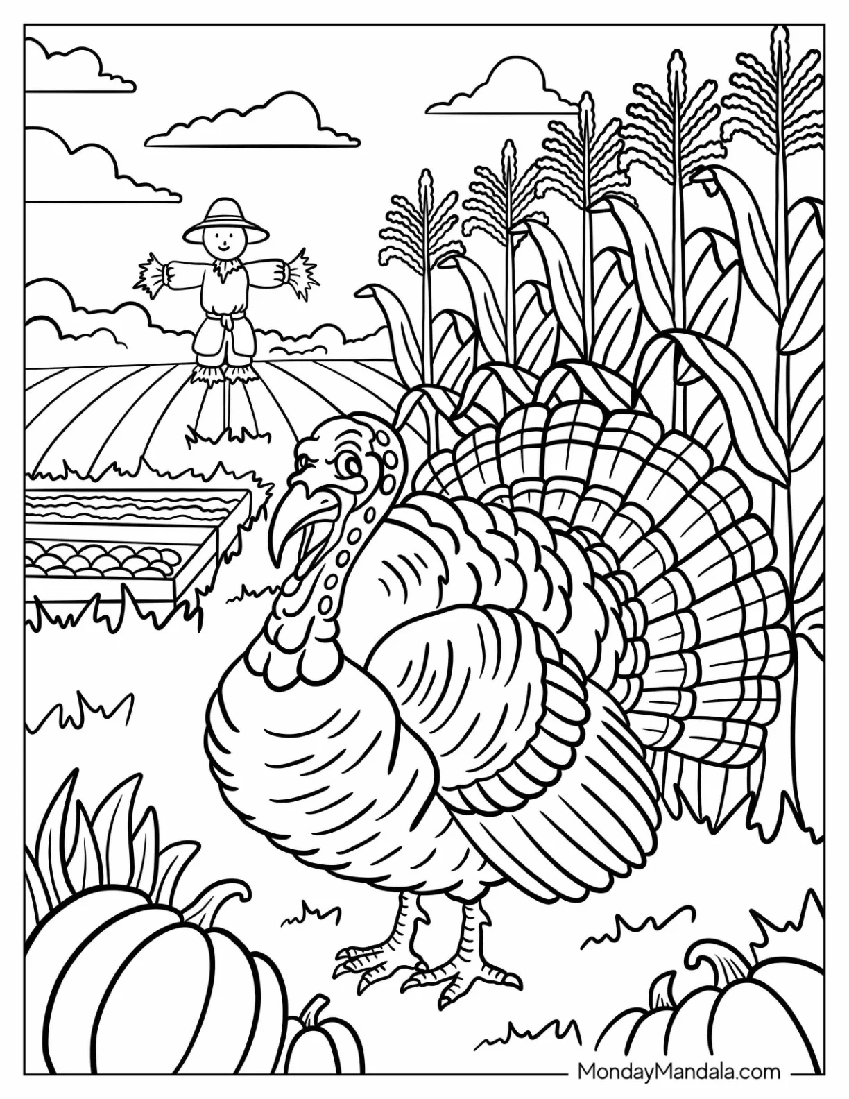Farm Animal Coloring Page of Turkey Standing in Autumn Harvest Field with Corn and Pumpkins coloring page — printable line art