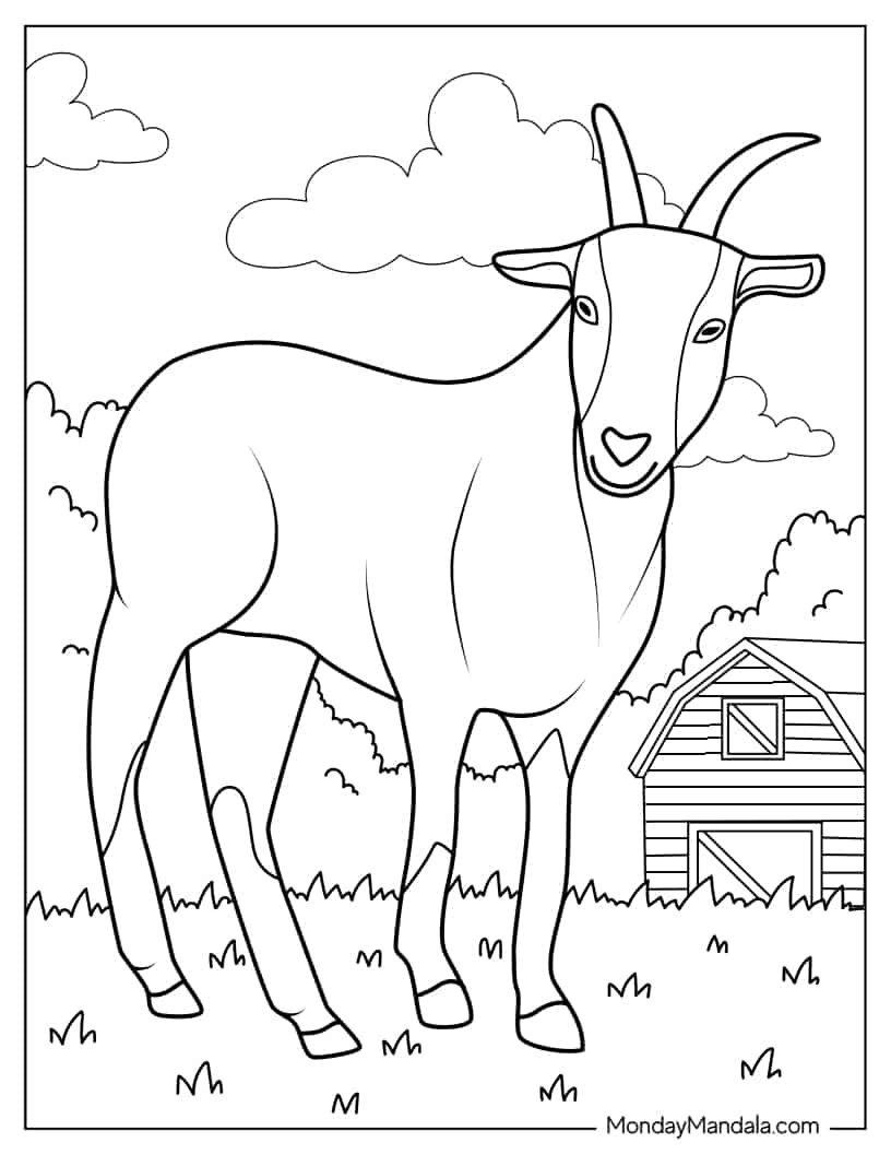Farm Goat With Barn To Color coloring page — printable line art