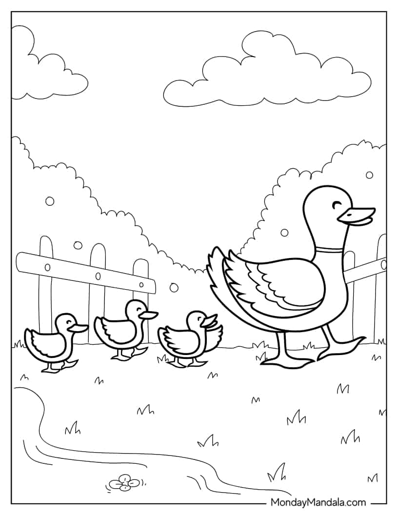 Mother Duck And Ducklings Walking On Farm coloring page — printable line art