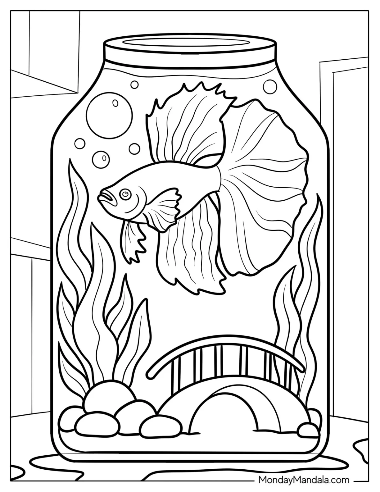 Beautiful Betta Fish Coloring Page in Bottle Tank with Plants and Pebbles coloring page