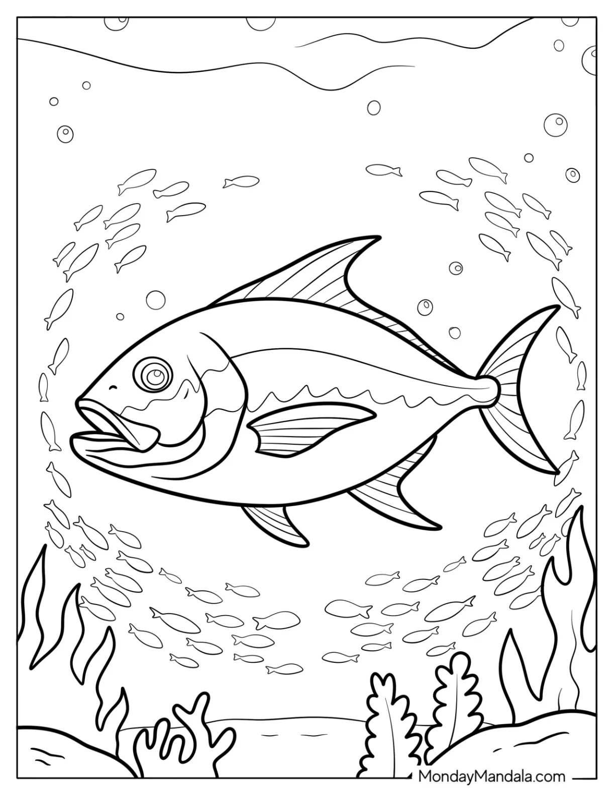 Bluefin Tuna Swimming Through School of Fish Coloring Page coloring page