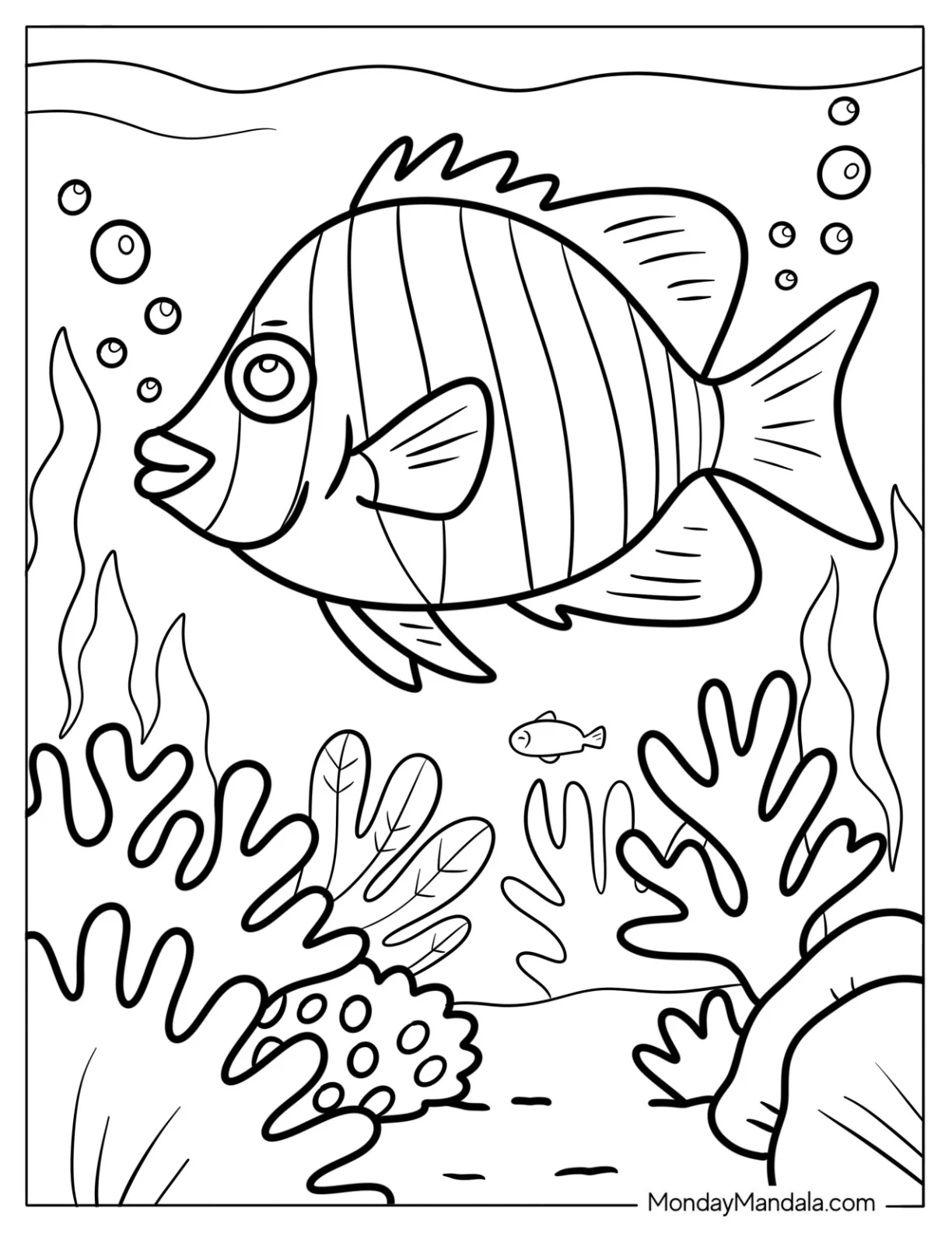 Cartoon Sergeant Major Fish Coloring Page Swimming in Coral Reef for Kids coloring page