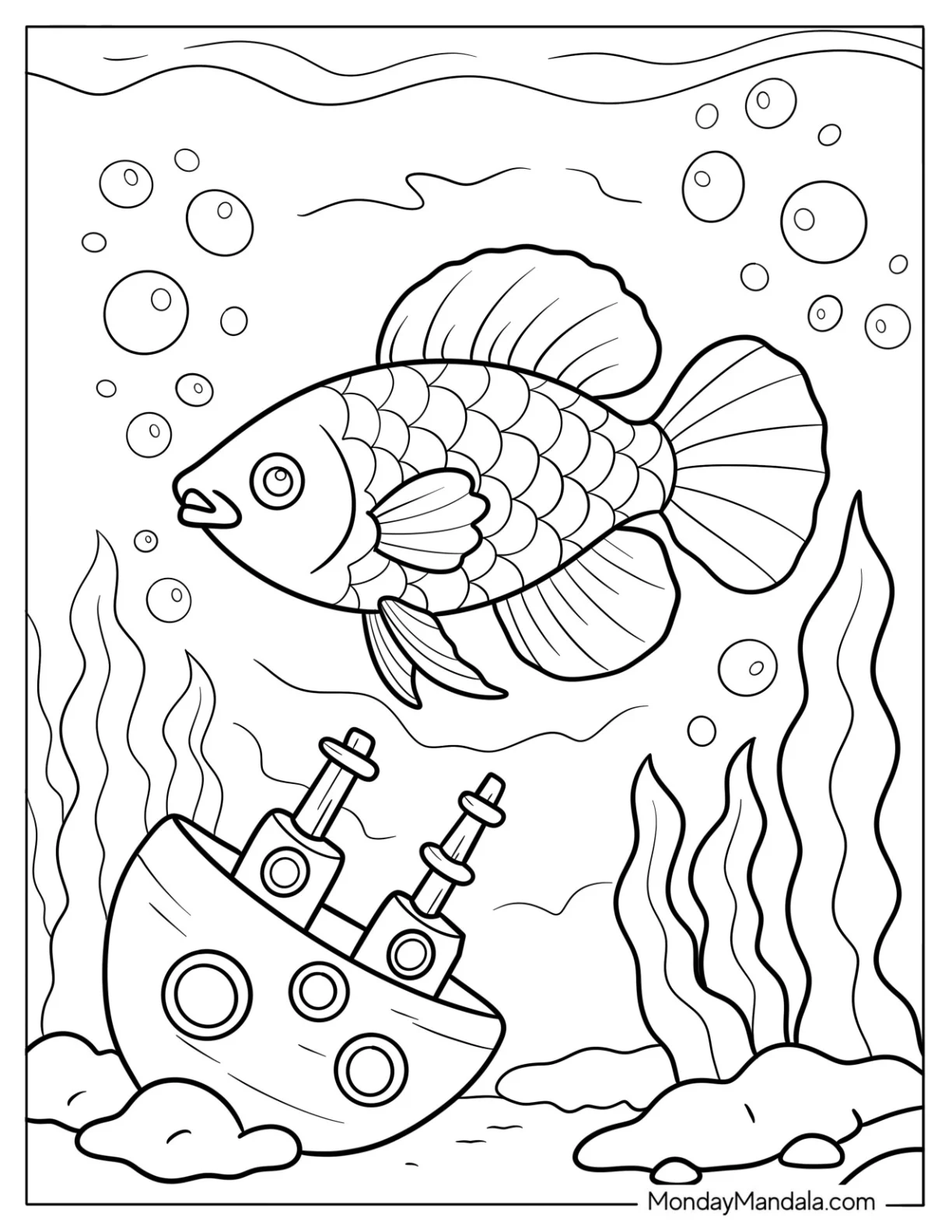 Fancy Betta Fish Coloring Page in Underwater Scene with Bubbles and Ship coloring page — printable line art