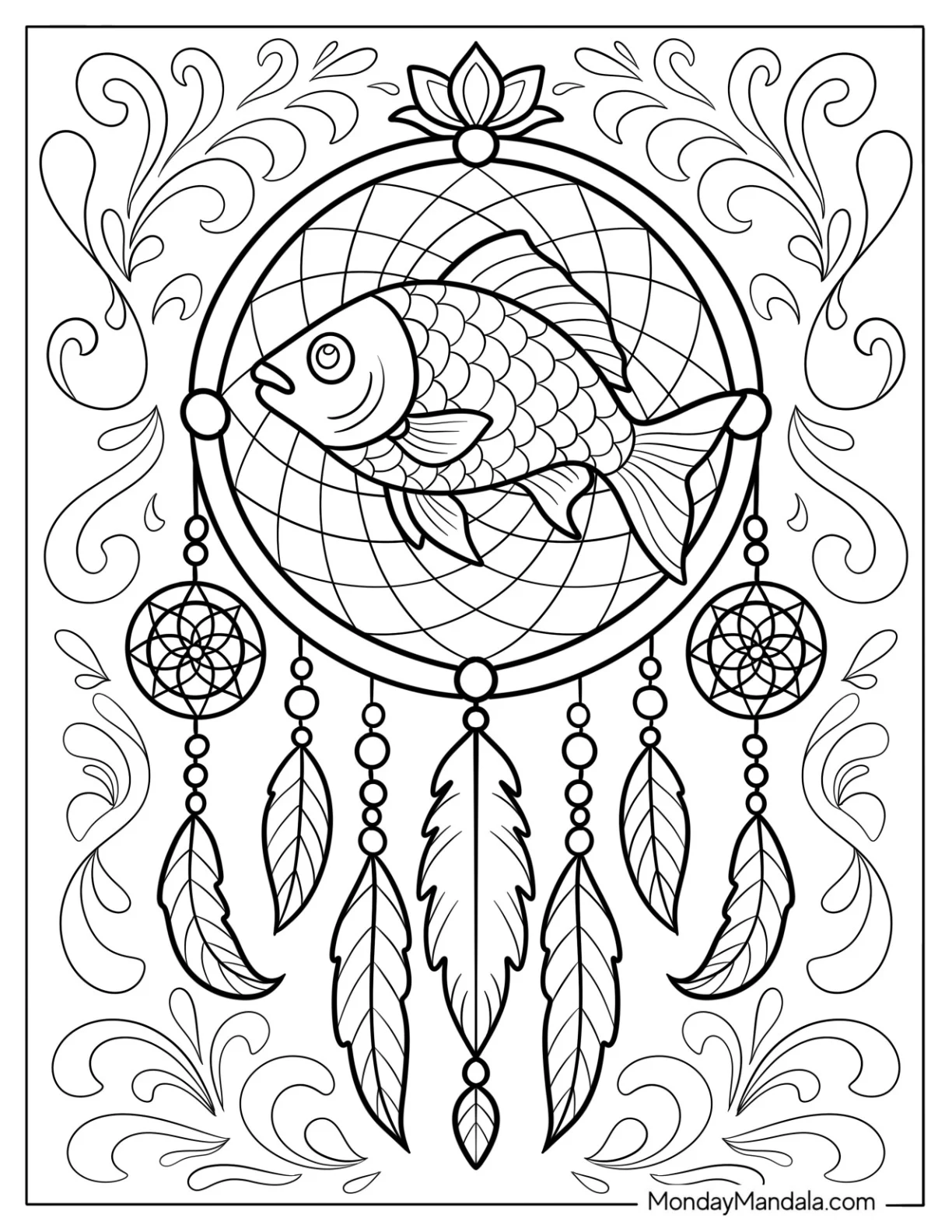 Fish Coloring Page Inside Dreamcatcher with Feathers and Swirls coloring page — printable line art