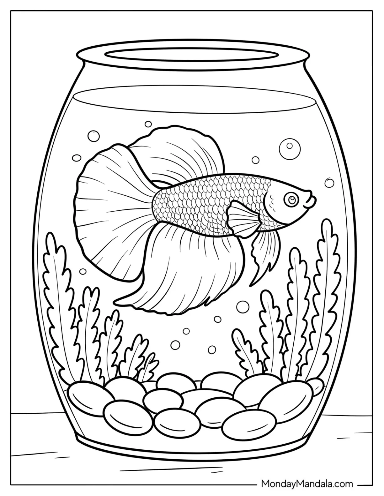 Fish Coloring Page of Beautiful Betta Fish Swimming in Fishbowl coloring page