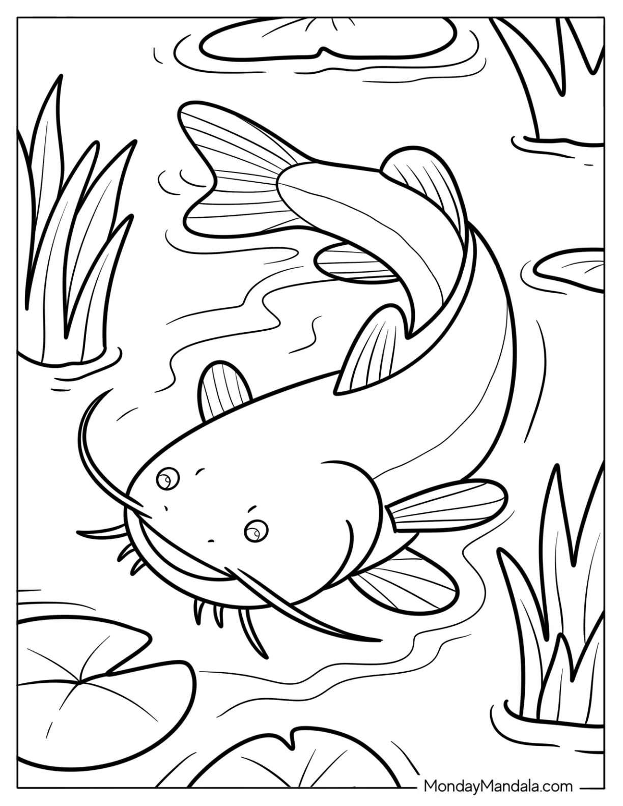 Fish Coloring Page of Channel Catfish Swimming Through Lily Pads for Kids coloring page