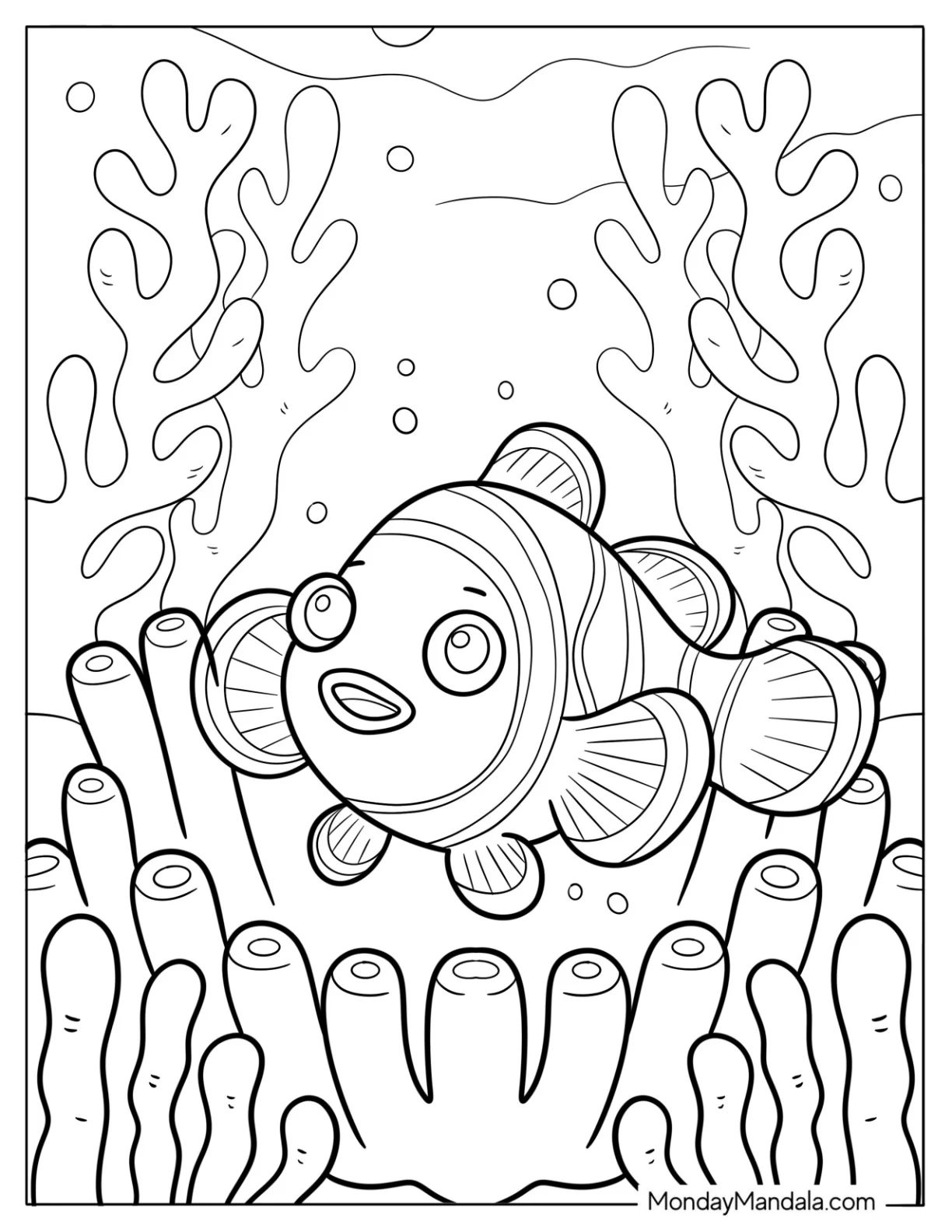 Fish Coloring Page of Clownfish Hiding in Sea Anemones Underwater for Kids coloring page — printable line art