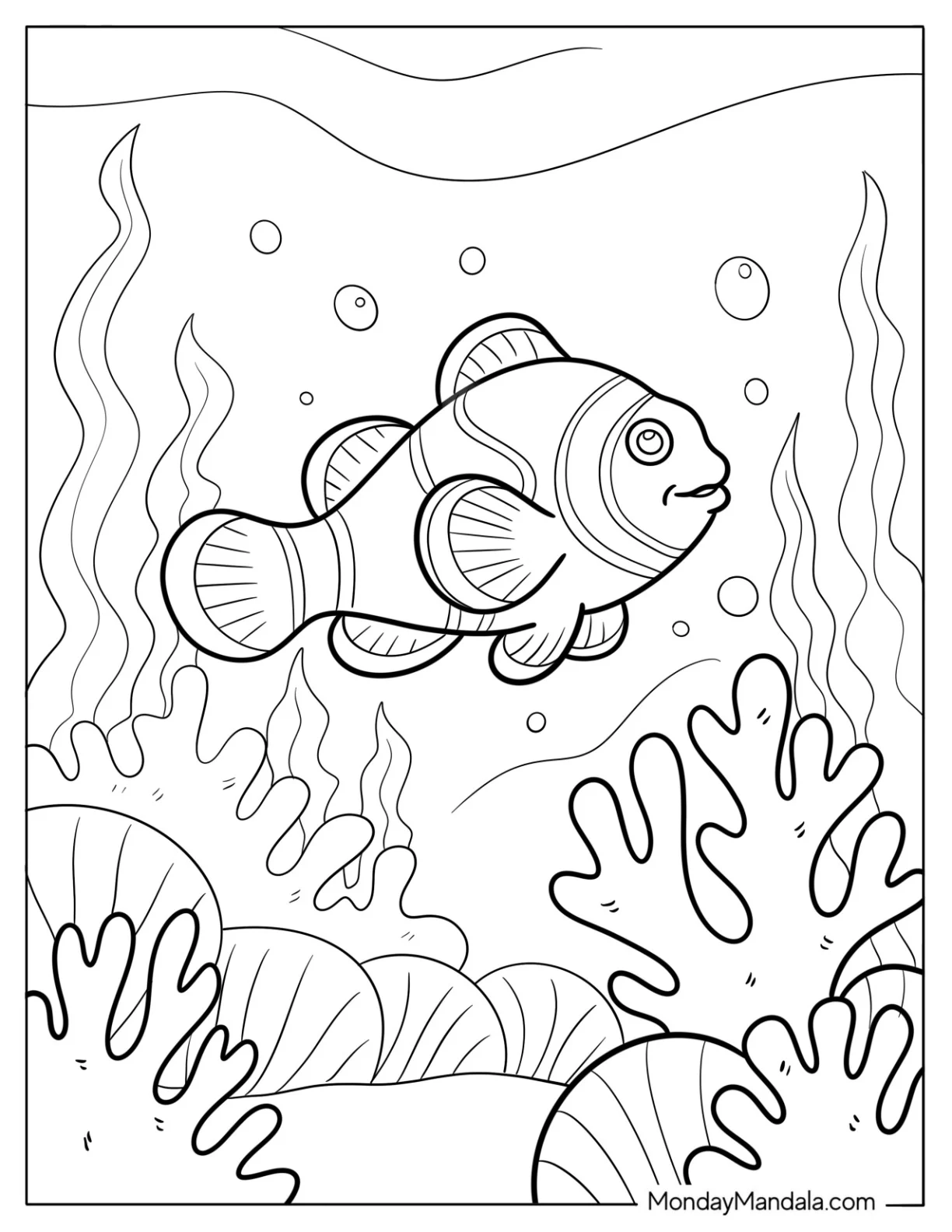 Fish Coloring Page of Clownfish Swimming Through Seaweed and Coral coloring page — printable line art