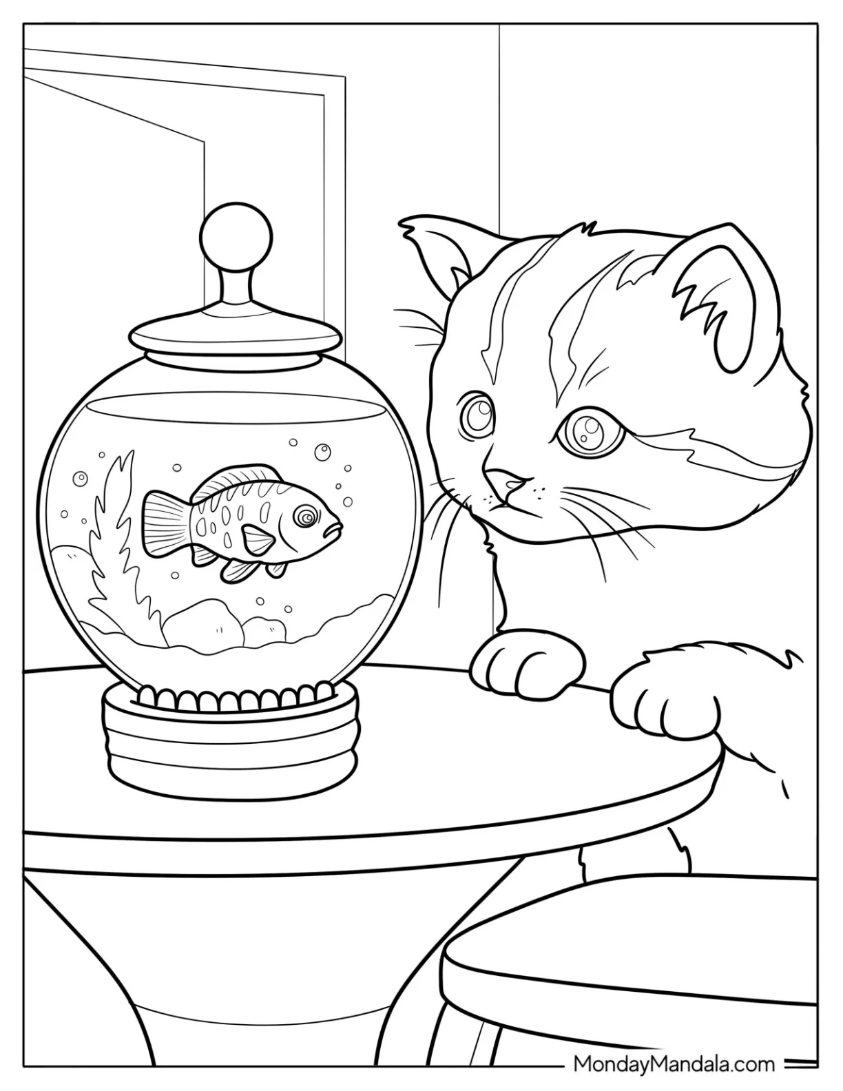 Fish Coloring Page of Curious Cat Watching A Goldfish in A Bowl coloring page — printable line art