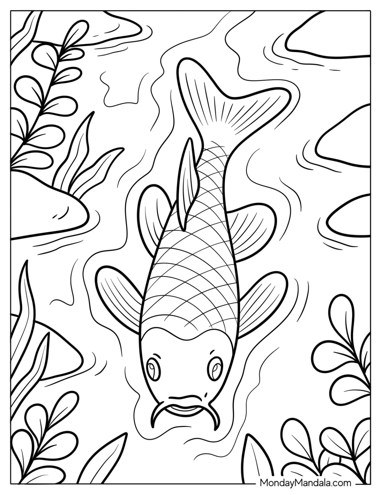 Fish Coloring Page of Detailed Koi in Pond Surrounded by Stones and Plants coloring page
